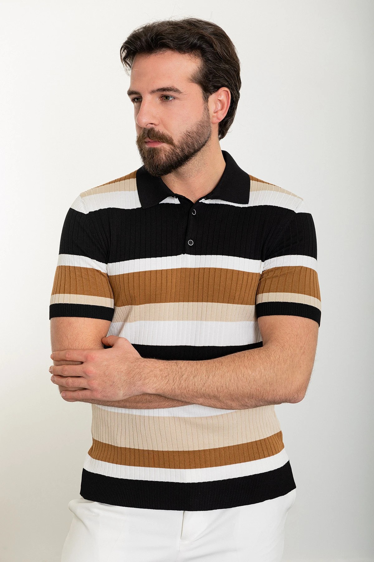 Çizgili Slim Fit Polo Yaka Erkek Triko T-Shirt - Siyah