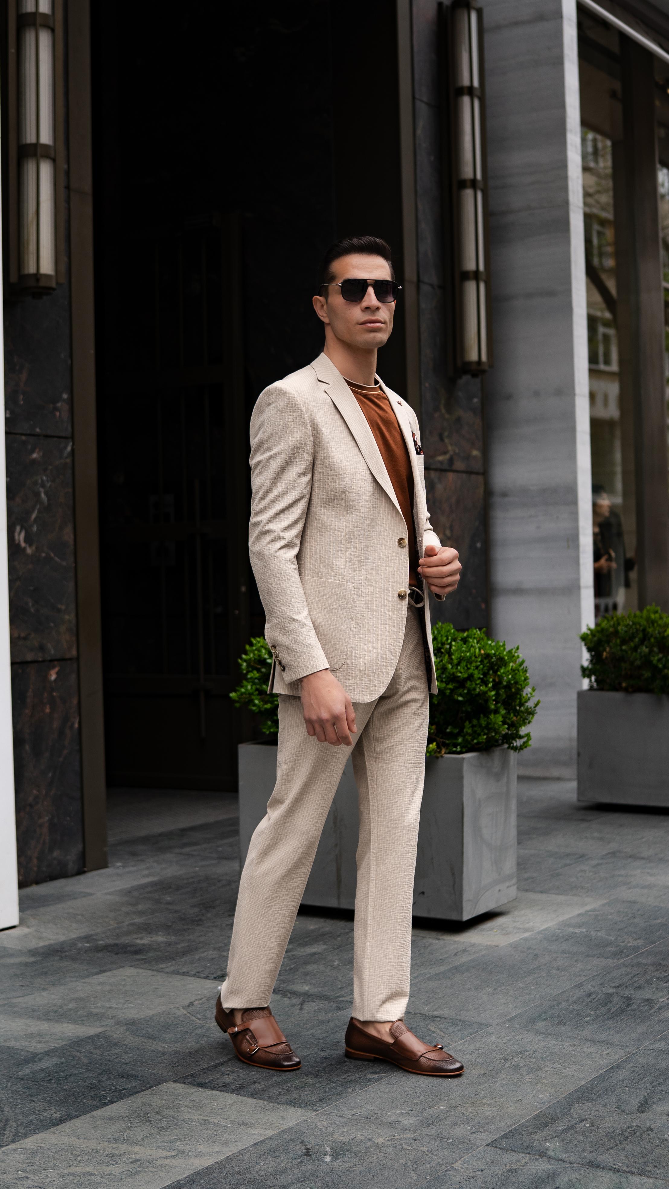 Çizgili Slim Fit Gofre Kumaş Takım Elbiise 