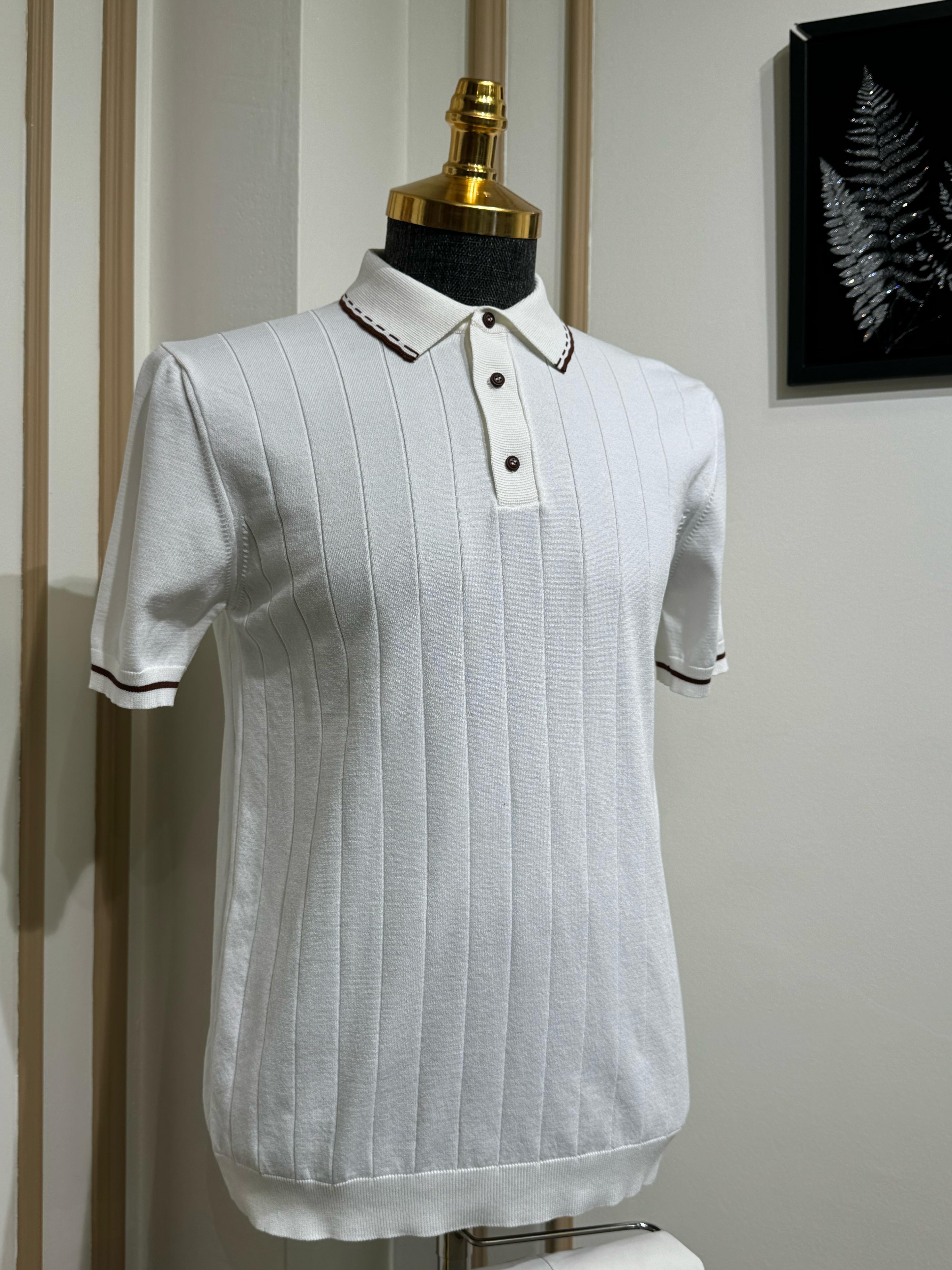 Çizgili Slim Fit Polo Yaka Triko T-Shirt - Beyaz