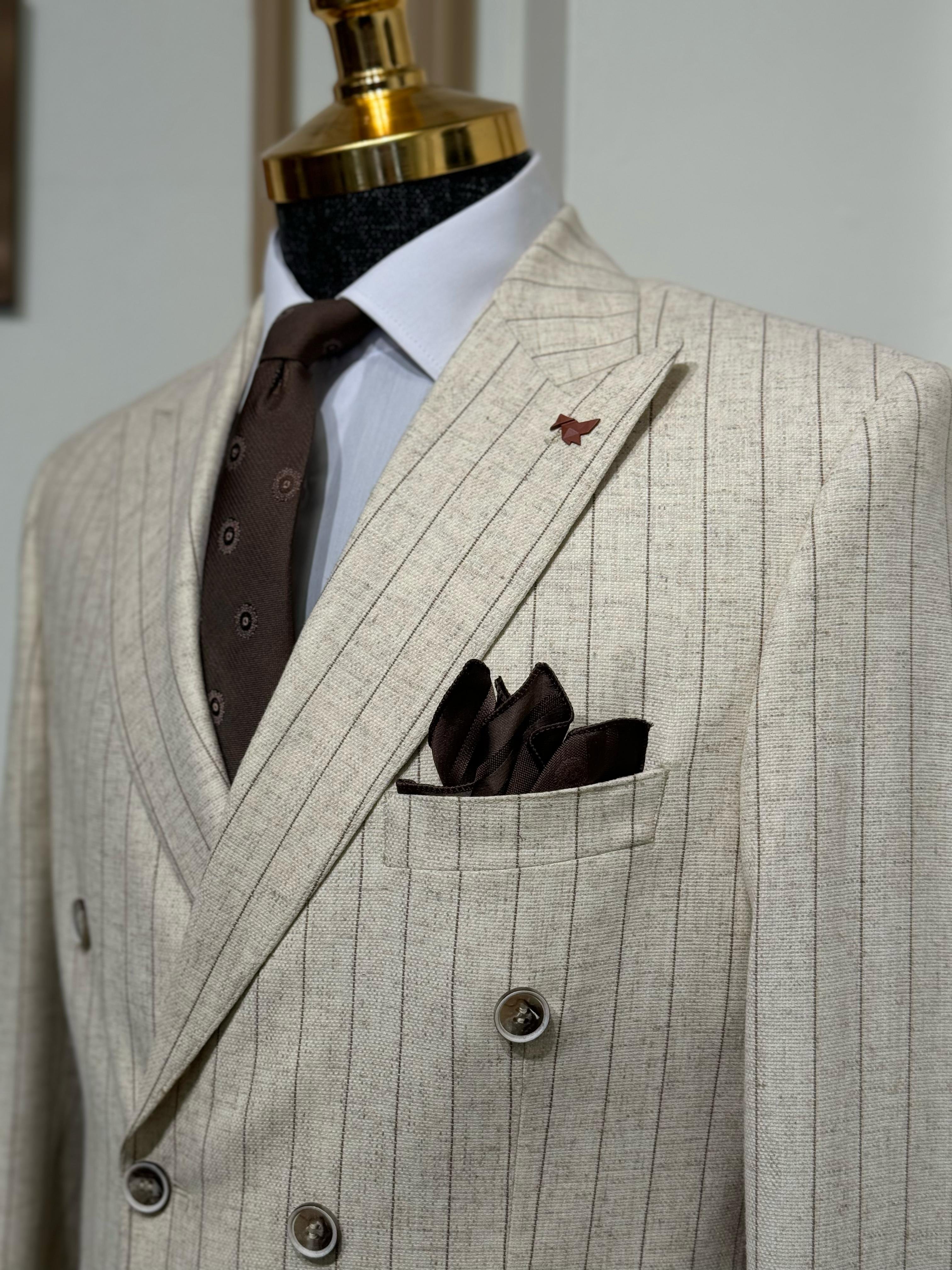 Çizgili Slim Fit Geniş Yaka Kruvaze Keten Ceket