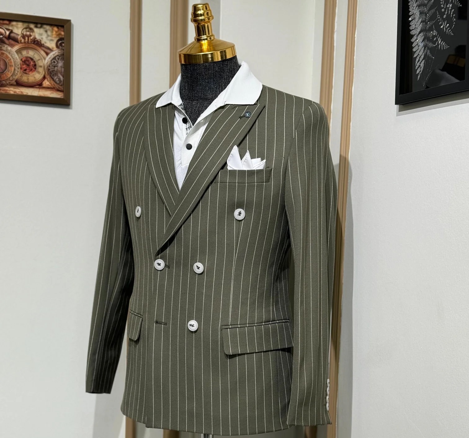 Slim Fit İtalyan Kesim Çizgili Kruvaze Ceket 