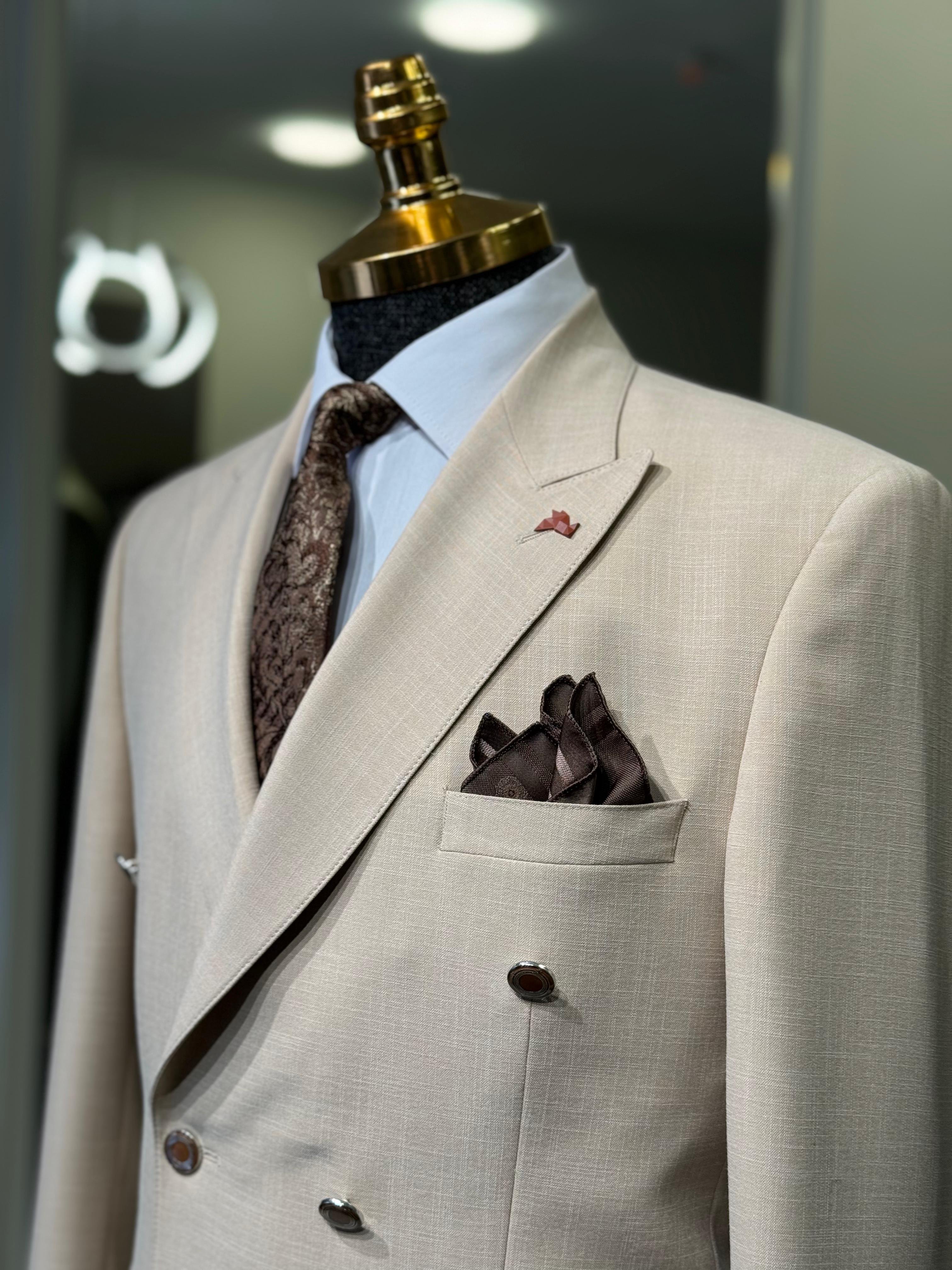 Düz Slim Fit Kruvaze Takım Elbise  - Bej