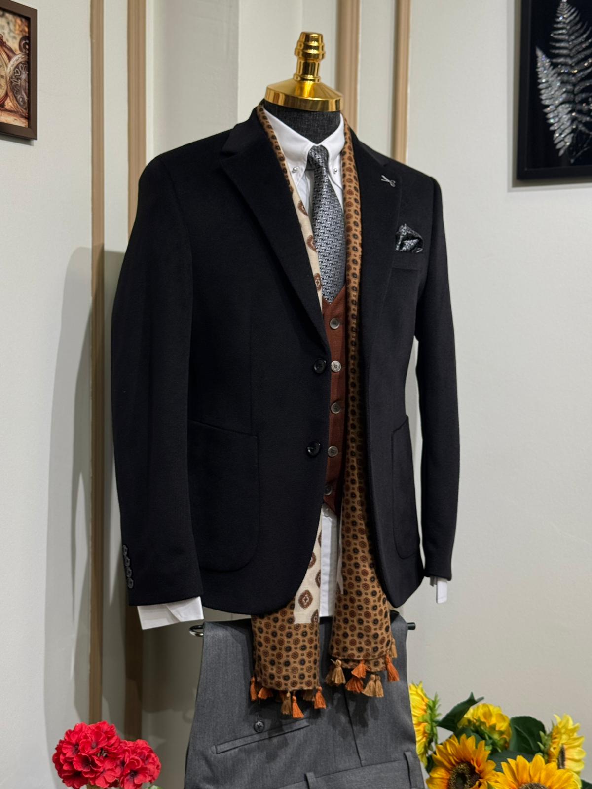 Slim Fit Mono Yaka Kadife Takım Elbise  - Siyah