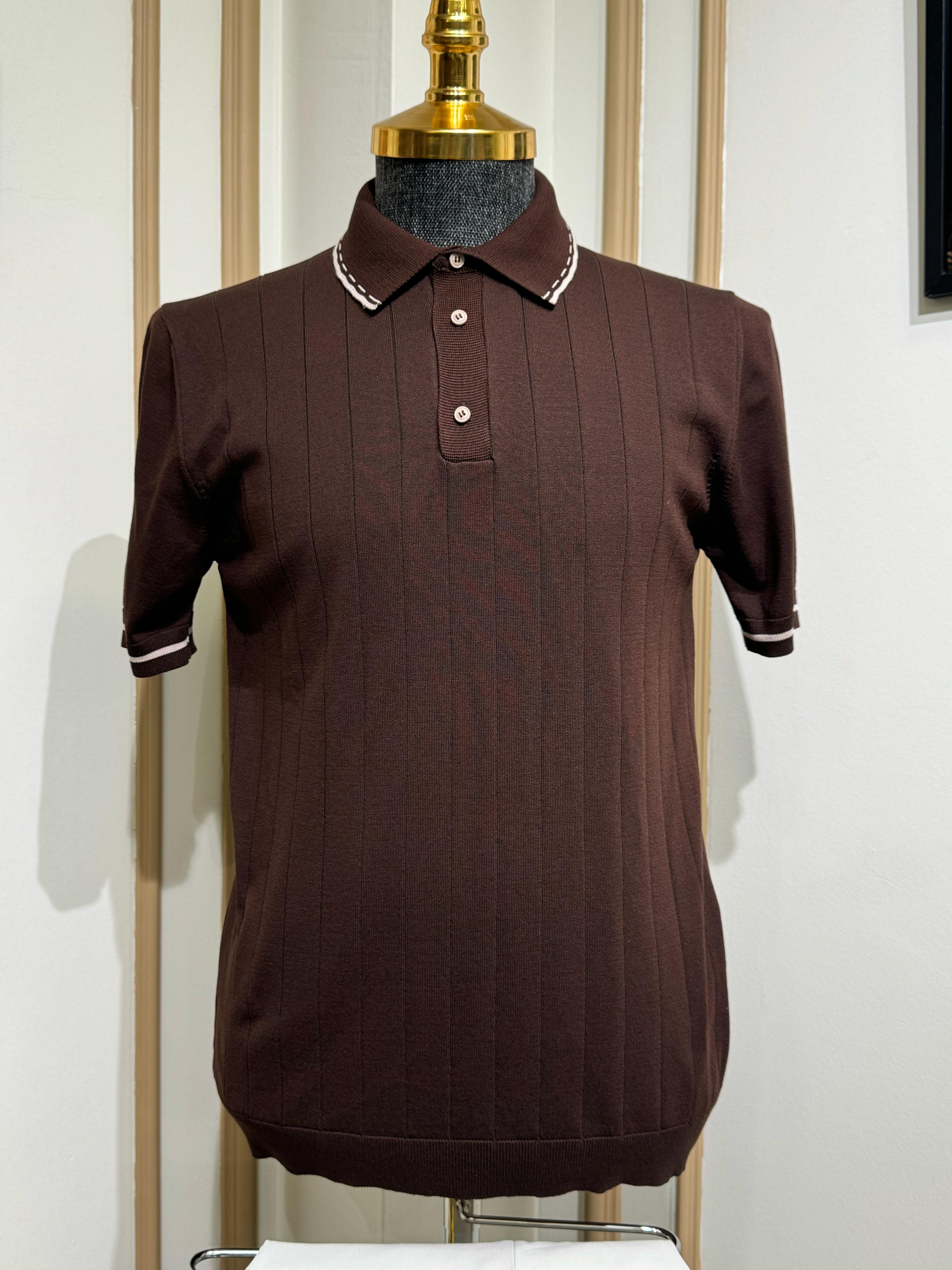 Çizgili Slim Fit Polo Yaka Triko T-Shirt - Kahverengi