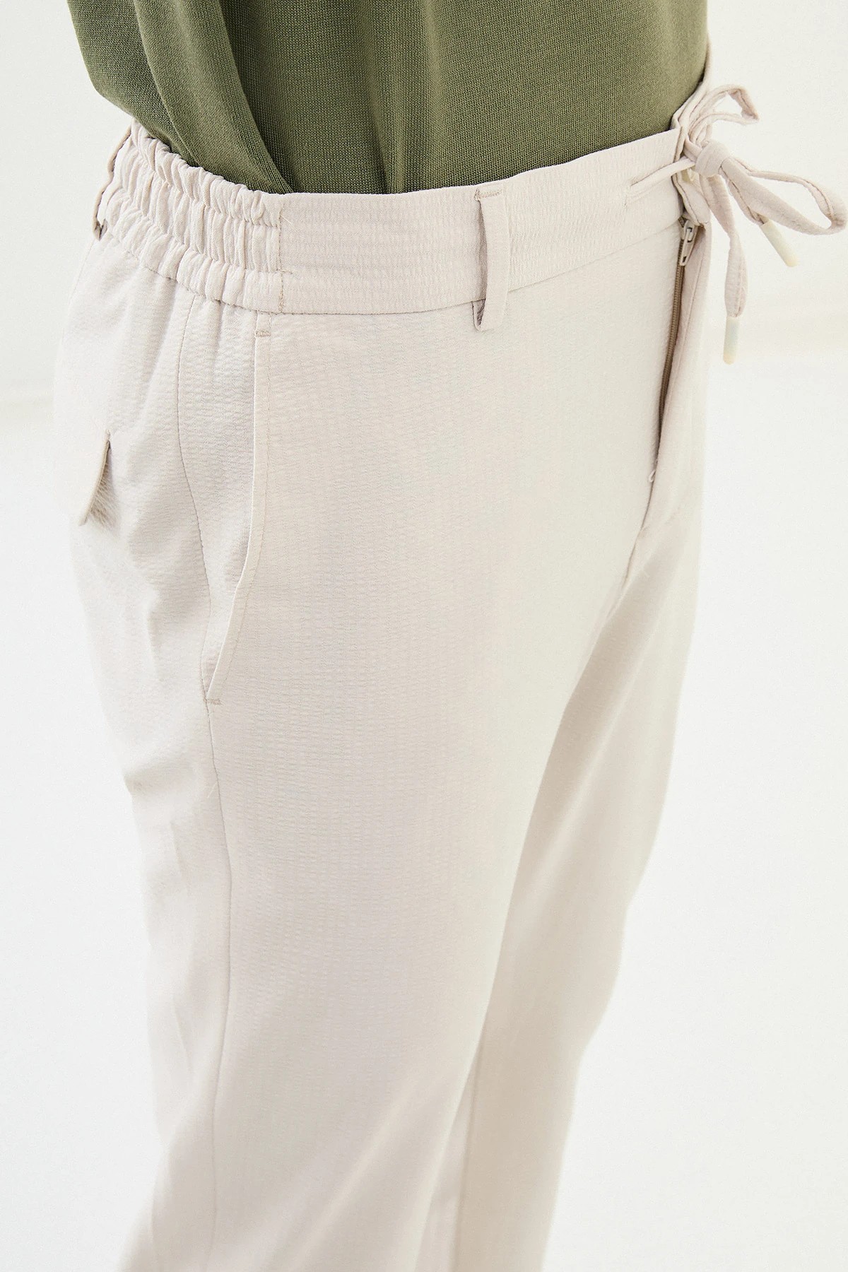 Gofreli Slim Fit Beli Lastikli İpli  Pantolon  - Bej