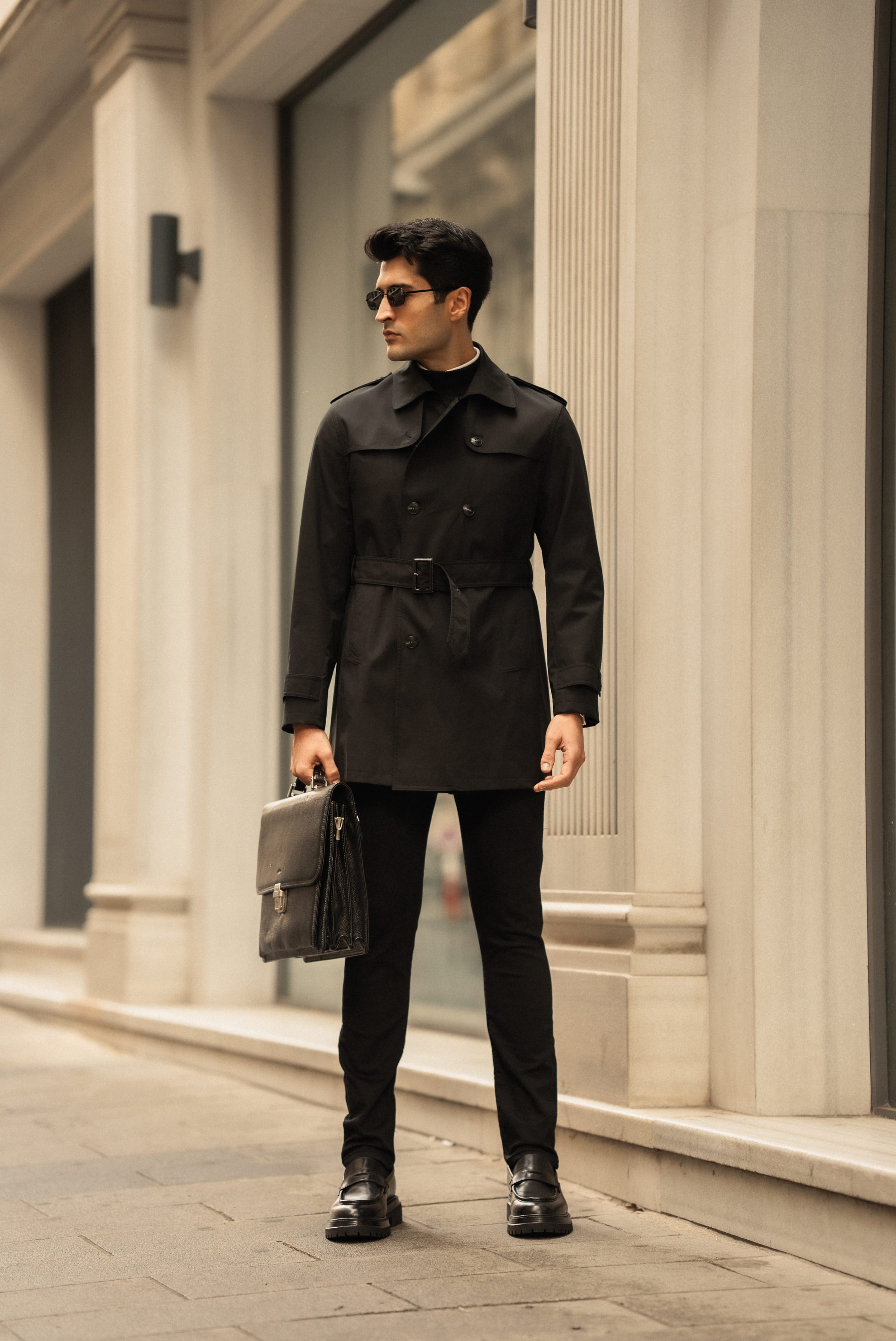 Düz Slim Fit Kemerli Trenchcoat
