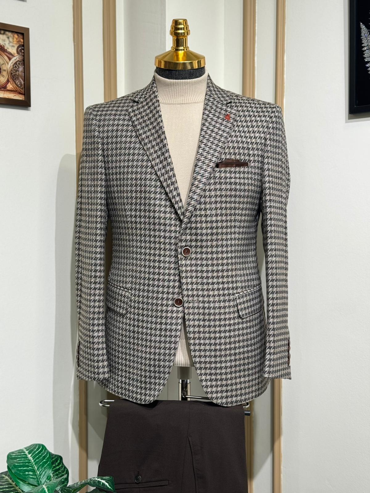 Slim Fit Kaz Ayağı Desen Mono Yaka Kombin Takım Elbise 