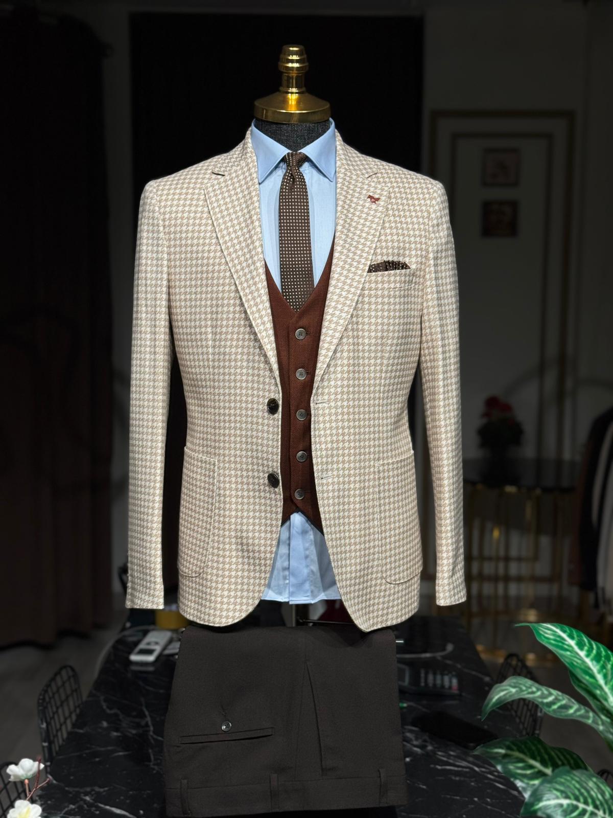 Slim Fit Kaz Ayağı Desen Takım Elbise 