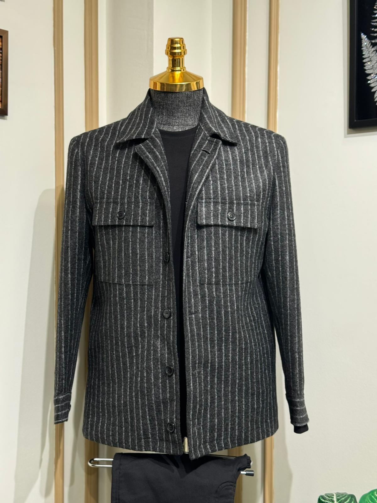 Slim Fit Gömlek Yaka Cep Detaylı Desenli Yün Mont - Siyah-Ekru