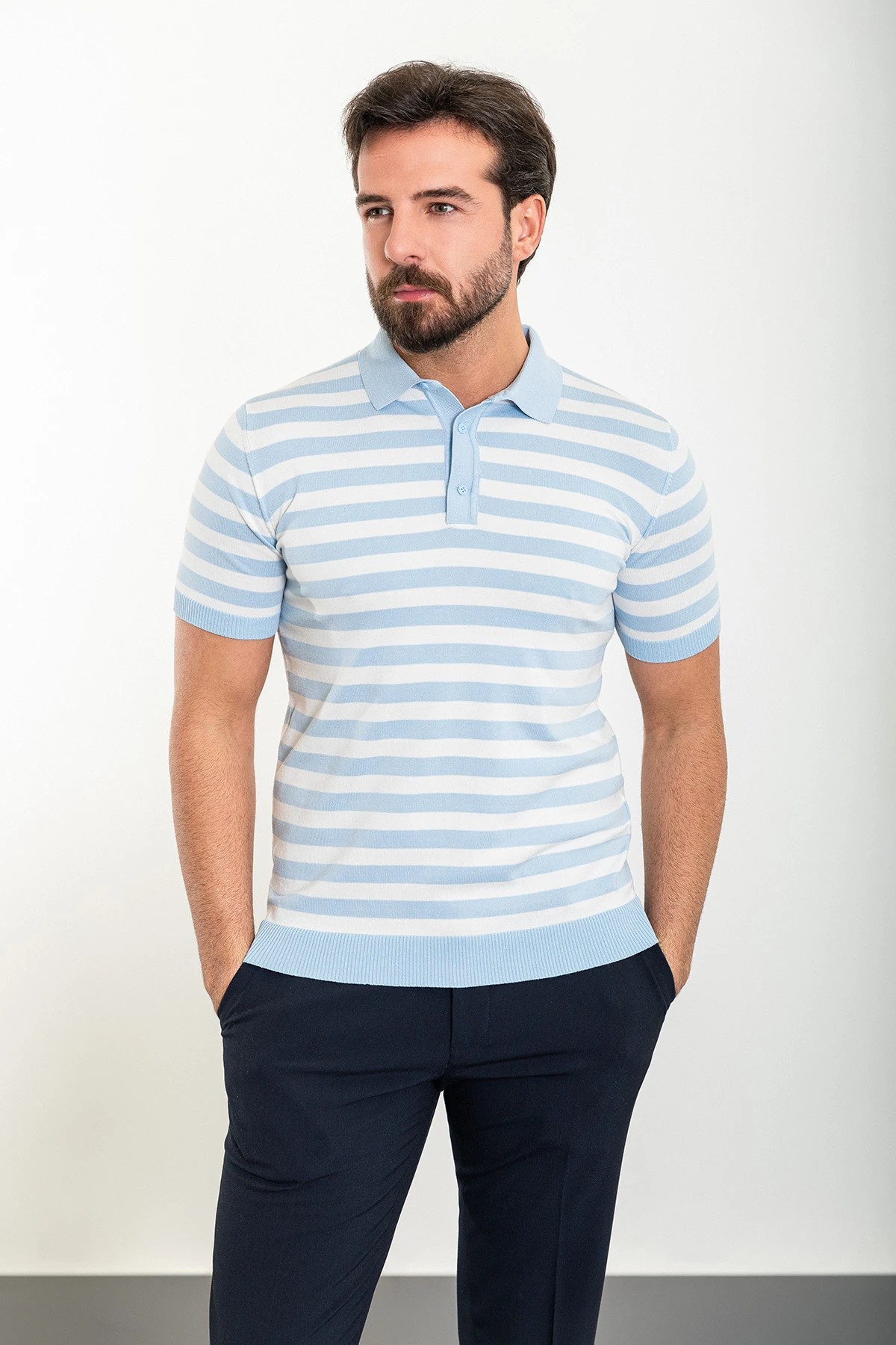 Yatay Çizgili Desen Slim Fit Polo Yaka Triko T-Shirt - Mavi