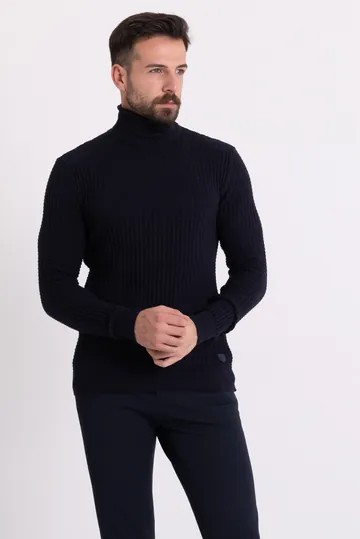 Tam Balıkçı Yaka Slim Fit Dokulu Triko/Kazak - Lacivert