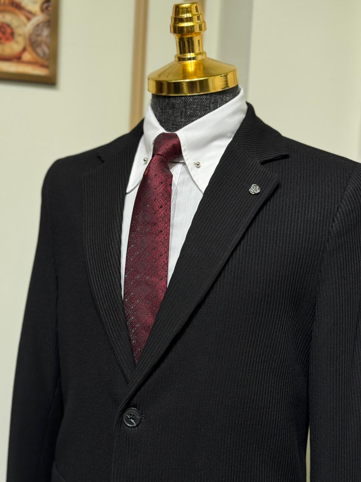 Slim Fit Desenli Torba Cep Detaylı Penye Kumaş Ceket  - Siyah