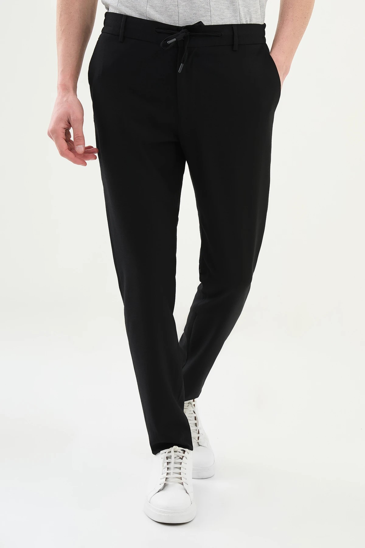 Gofreli Slim Fit Beli Lastikli İpli  Pantolon  - siyah