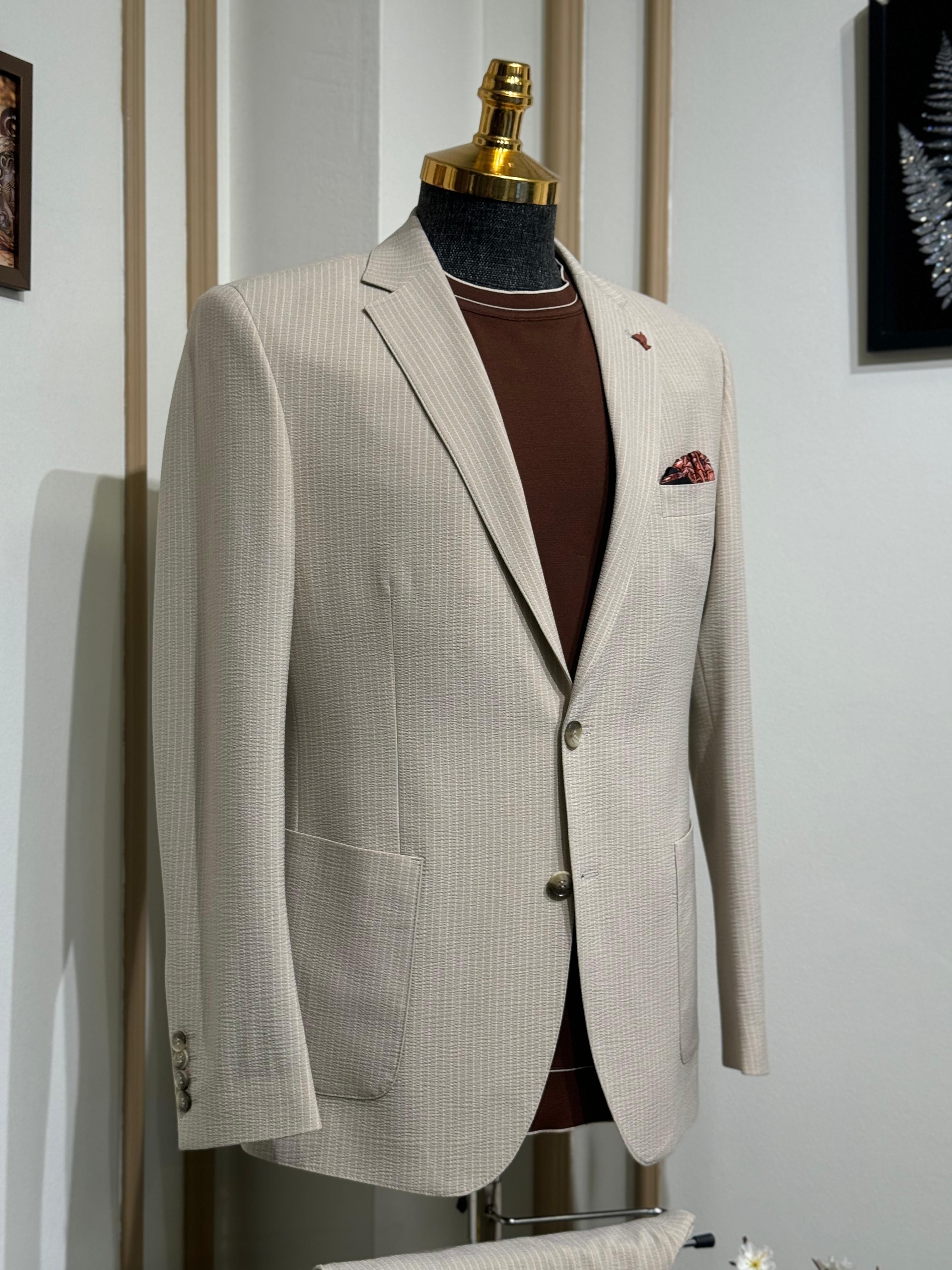 Çizgili Slim Fit Gofre Kumaş Takım Elbiise 