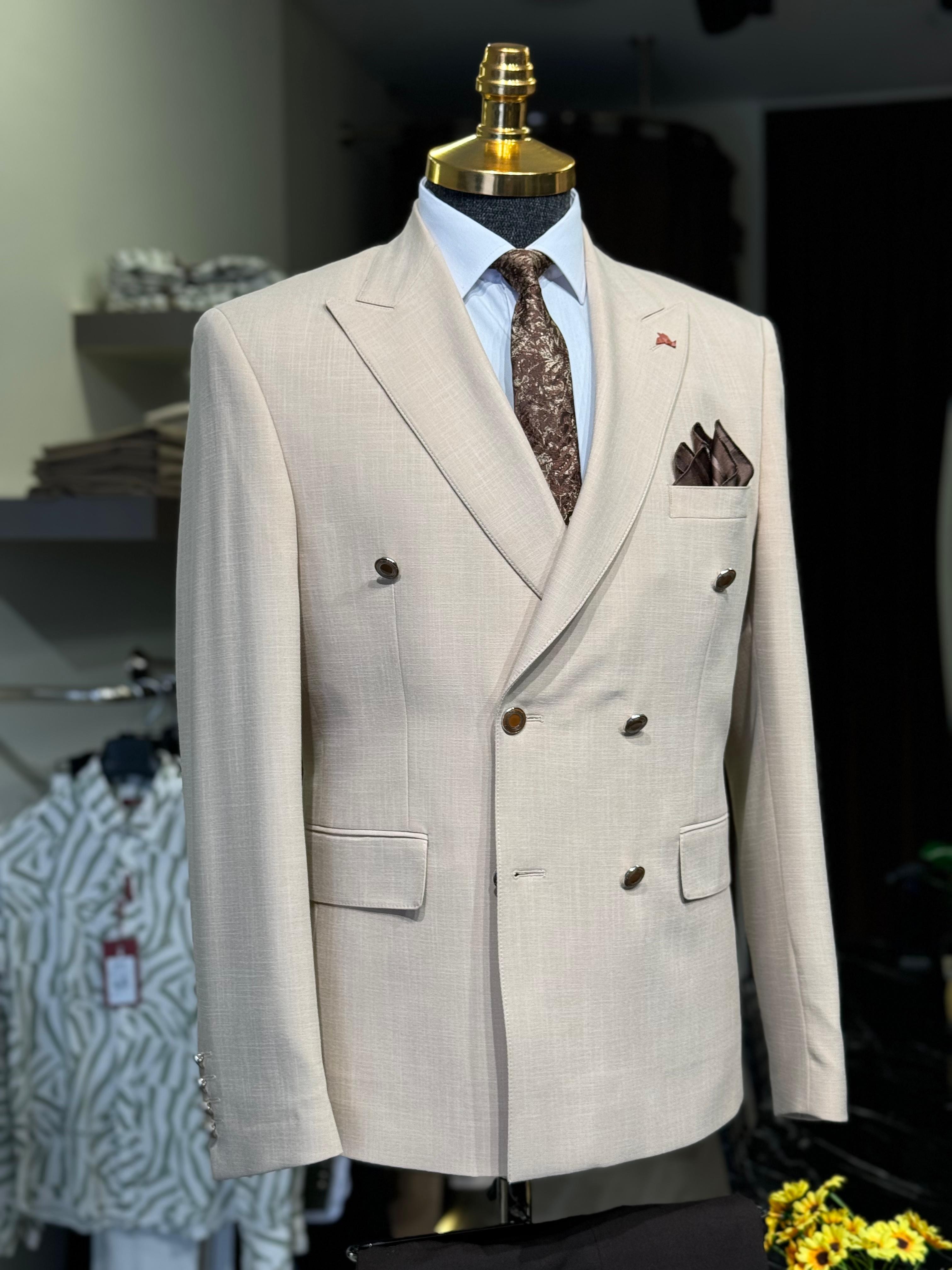 Düz Slim Fit Kruvaze Takım Elbise  - Bej