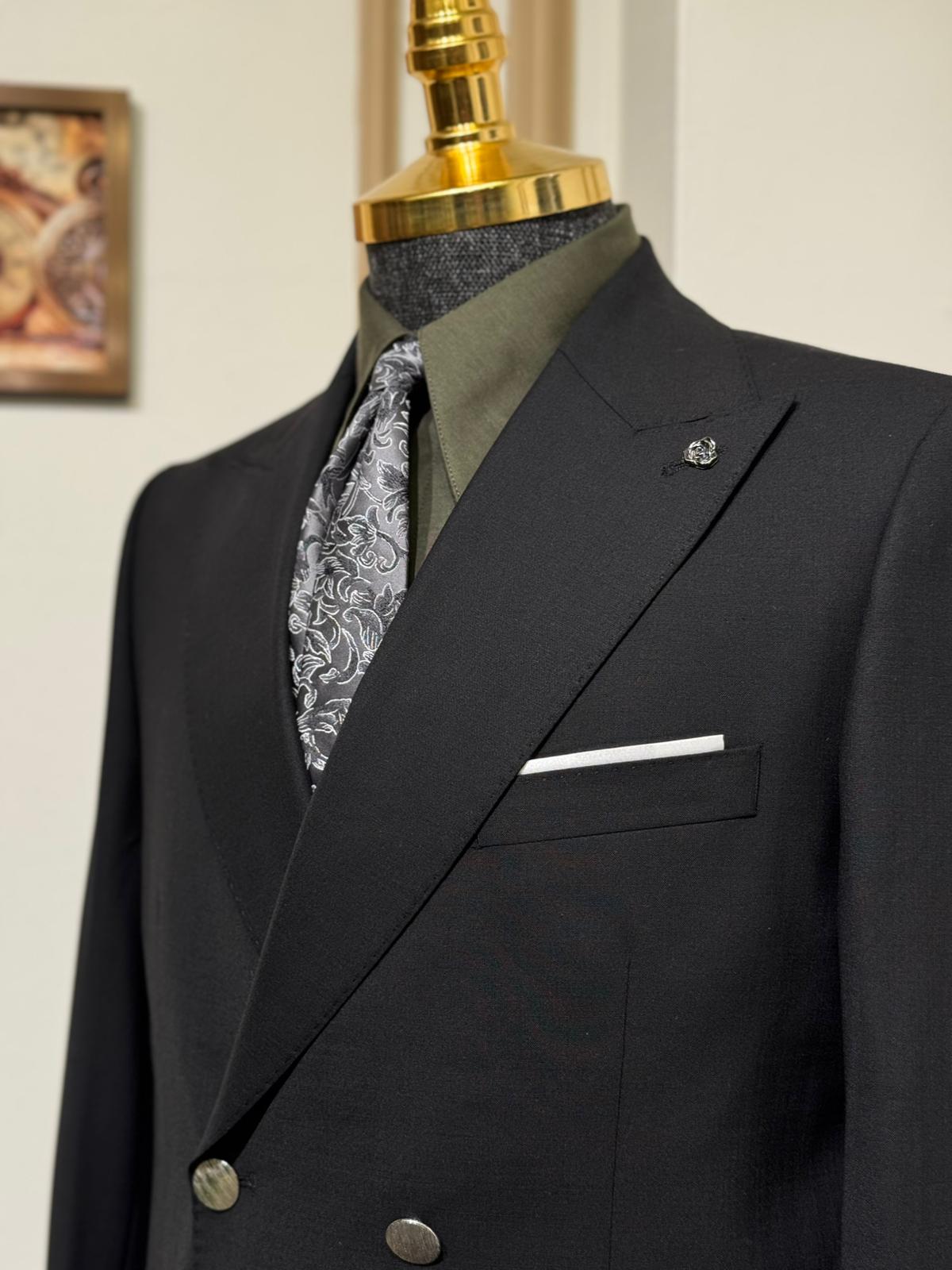 Slim Fit Sivri Yaka Yün Kruvaze Takım Elbise 