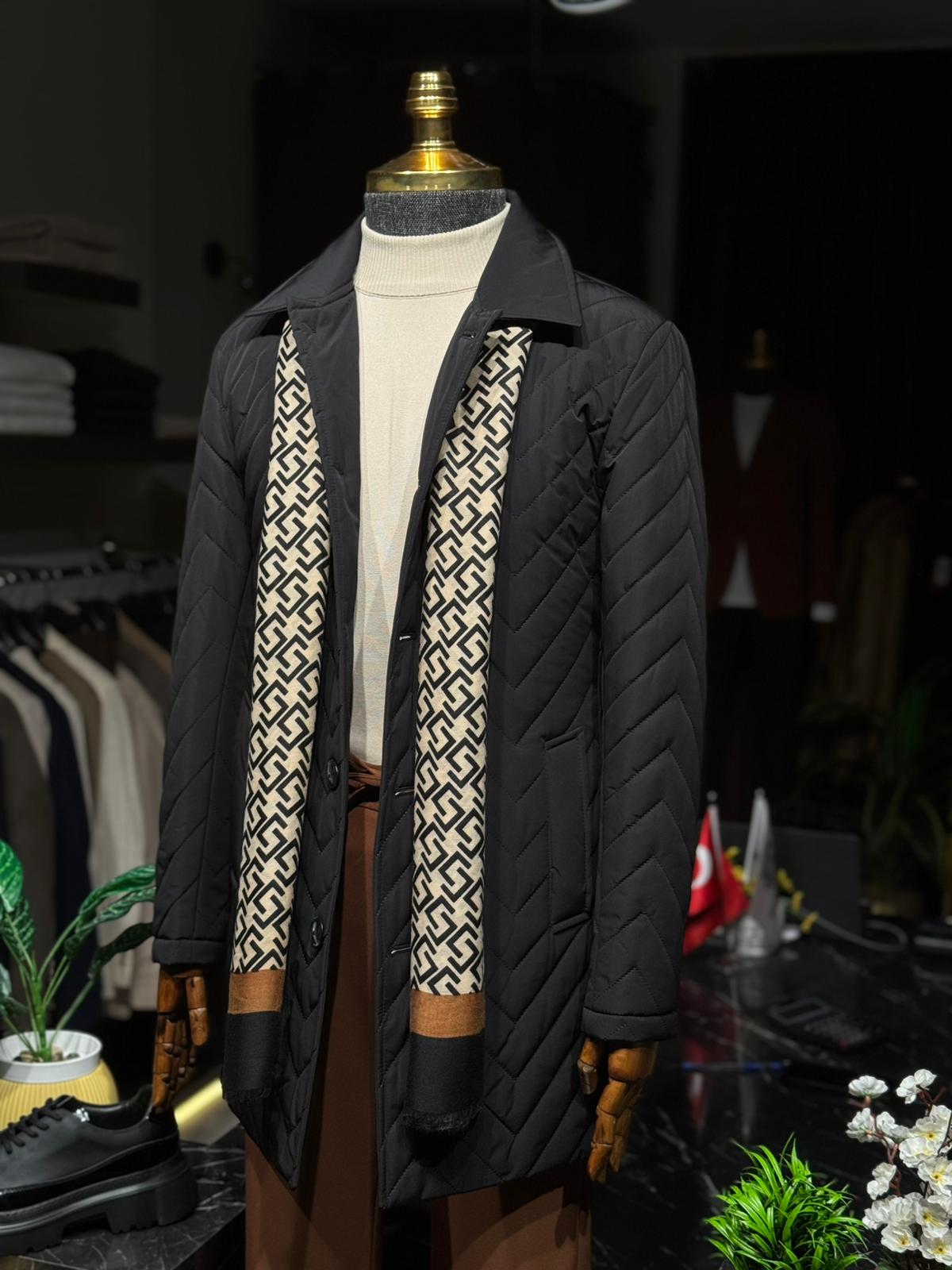 Desenli Slim Fit Gömlek Yaka Trench Kaban - Siyah