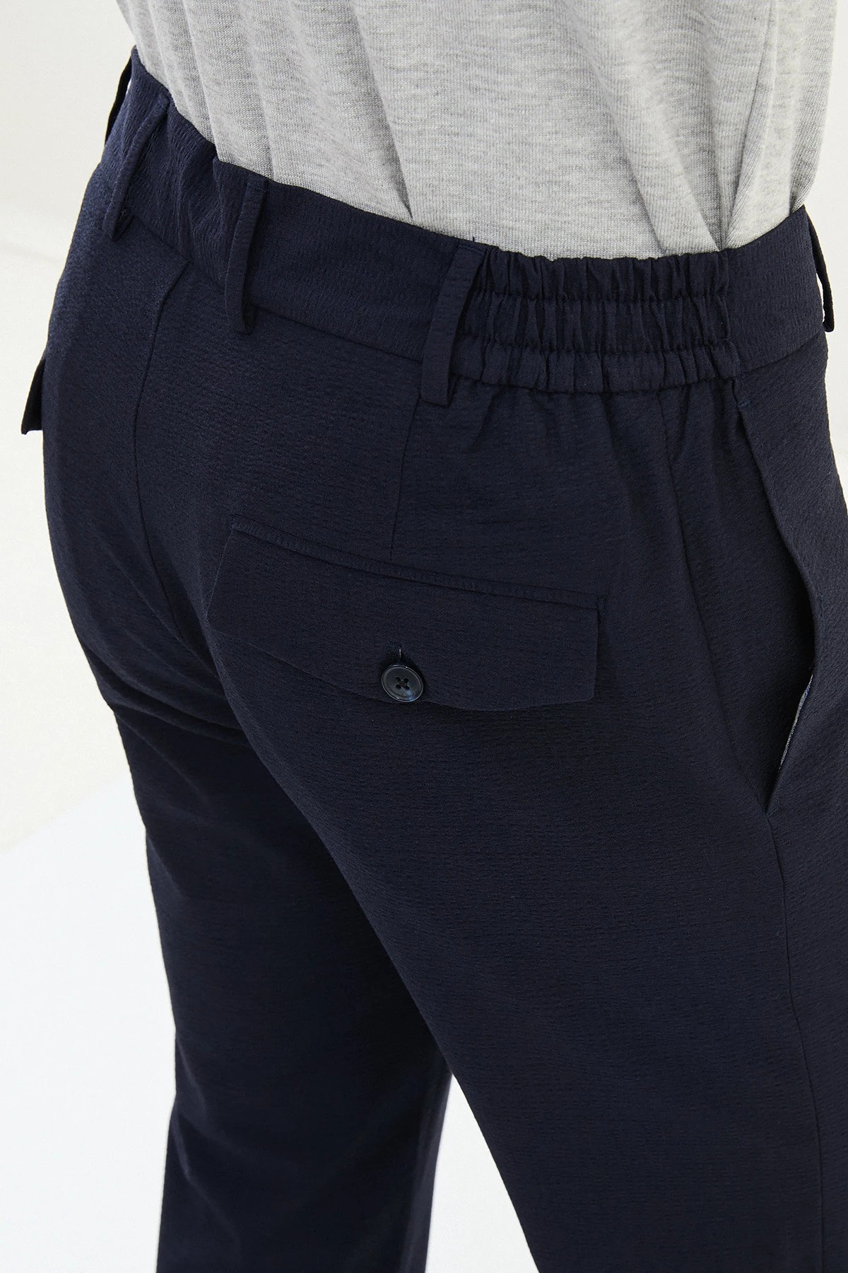 Gofreli Slim Fit Beli Lastikli İpli  Pantolon  - Lacivert