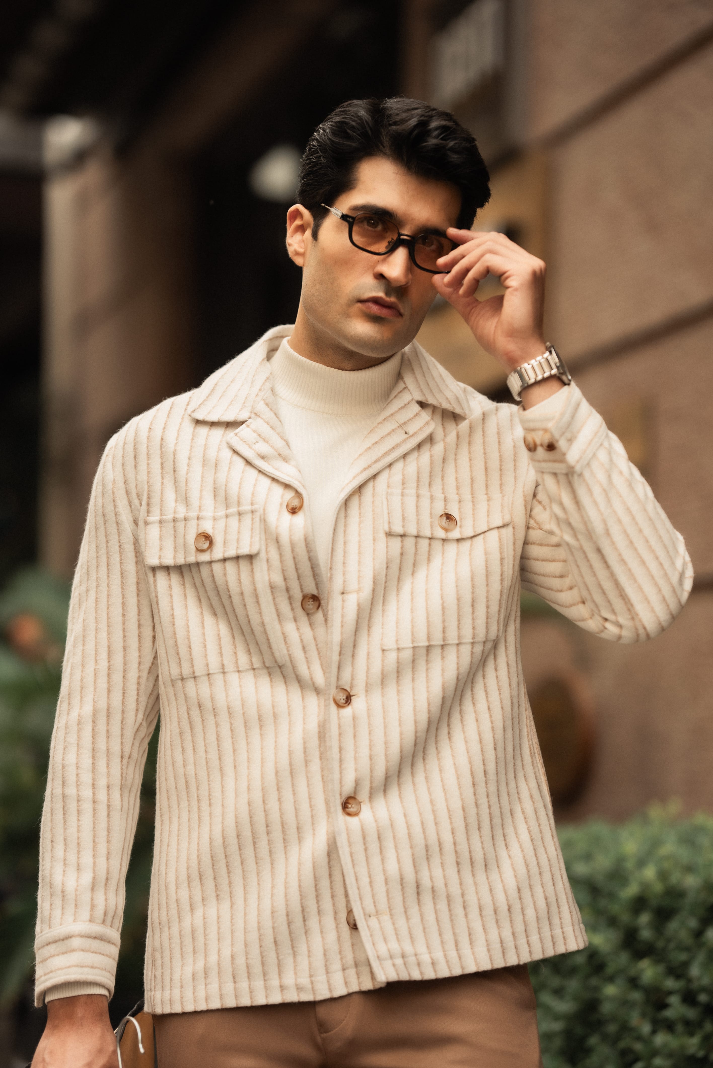 Slim Fit Gömlek Yaka Cep Detaylı Desenli Yün Mont