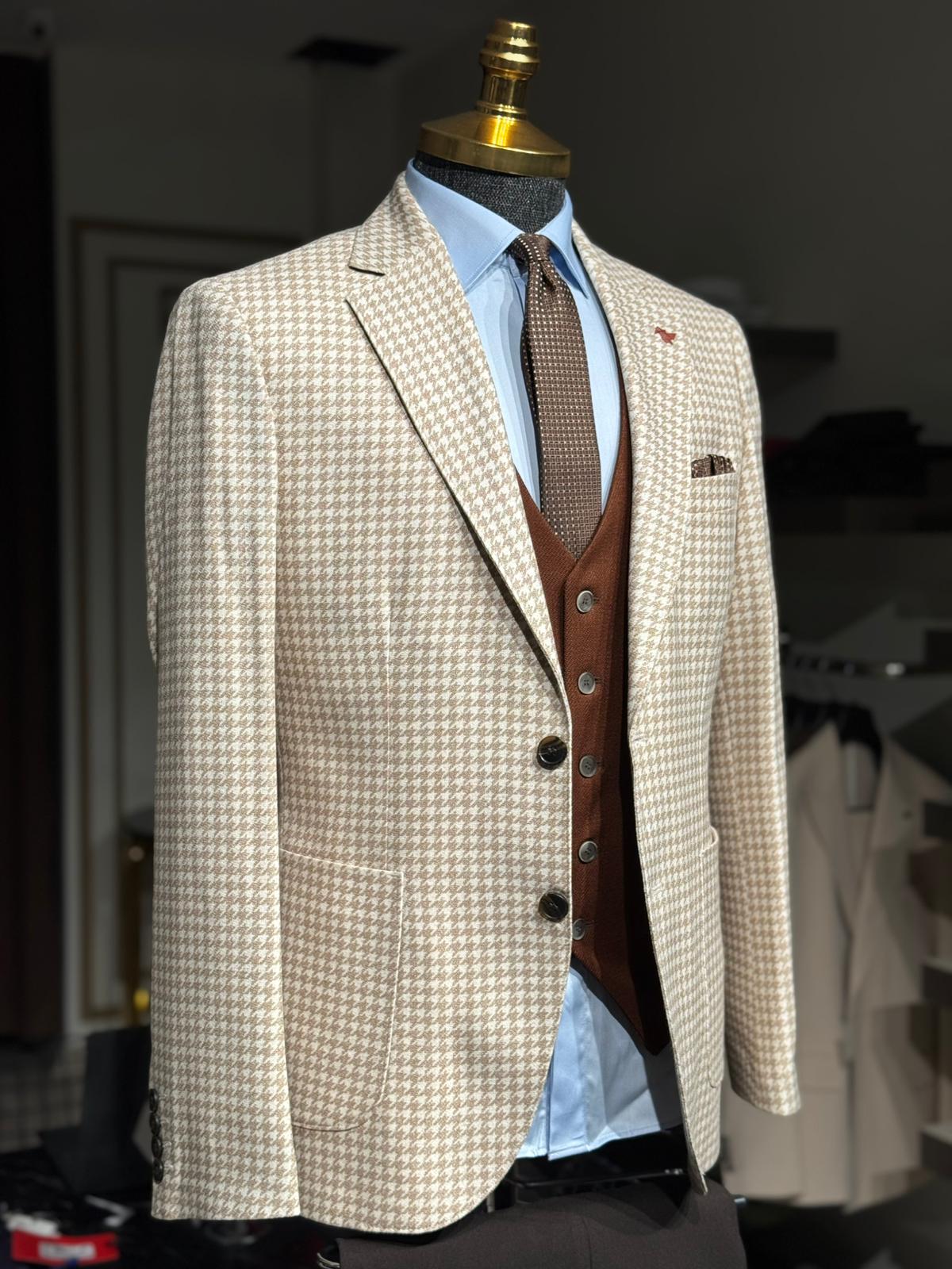 Kaz Ayağı Desen Slim Fit Mono Yaka Ceket