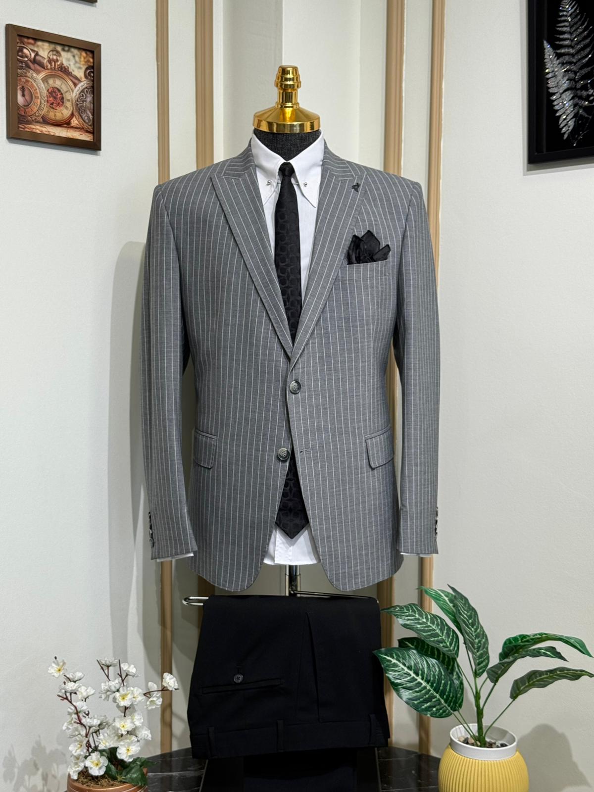 Çizgili Slim Fit Geniş Yaka Takım Elbise 