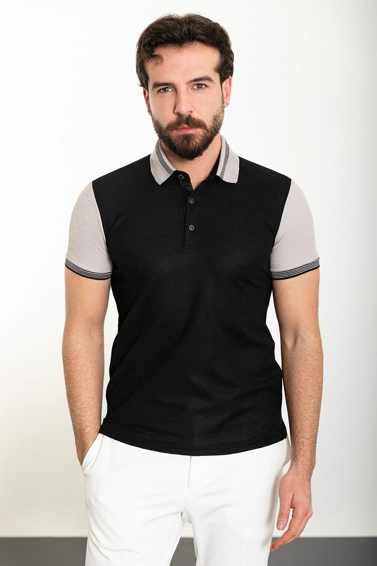 Parçalı Slim Fit Polo Yaka Erkek T-Shirt - Siyah