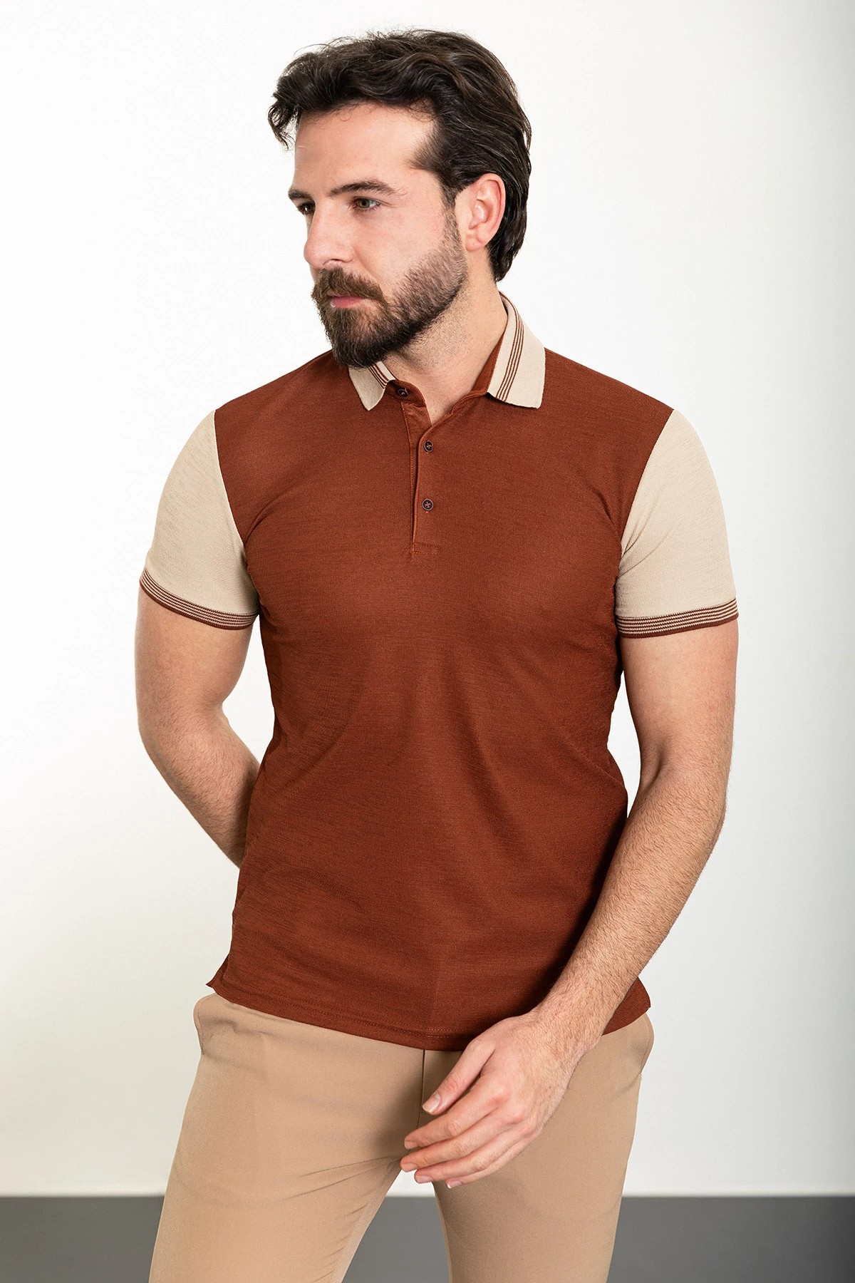 Parçalı Slim Fit Polo Yaka Erkek T-Shirt - Taba