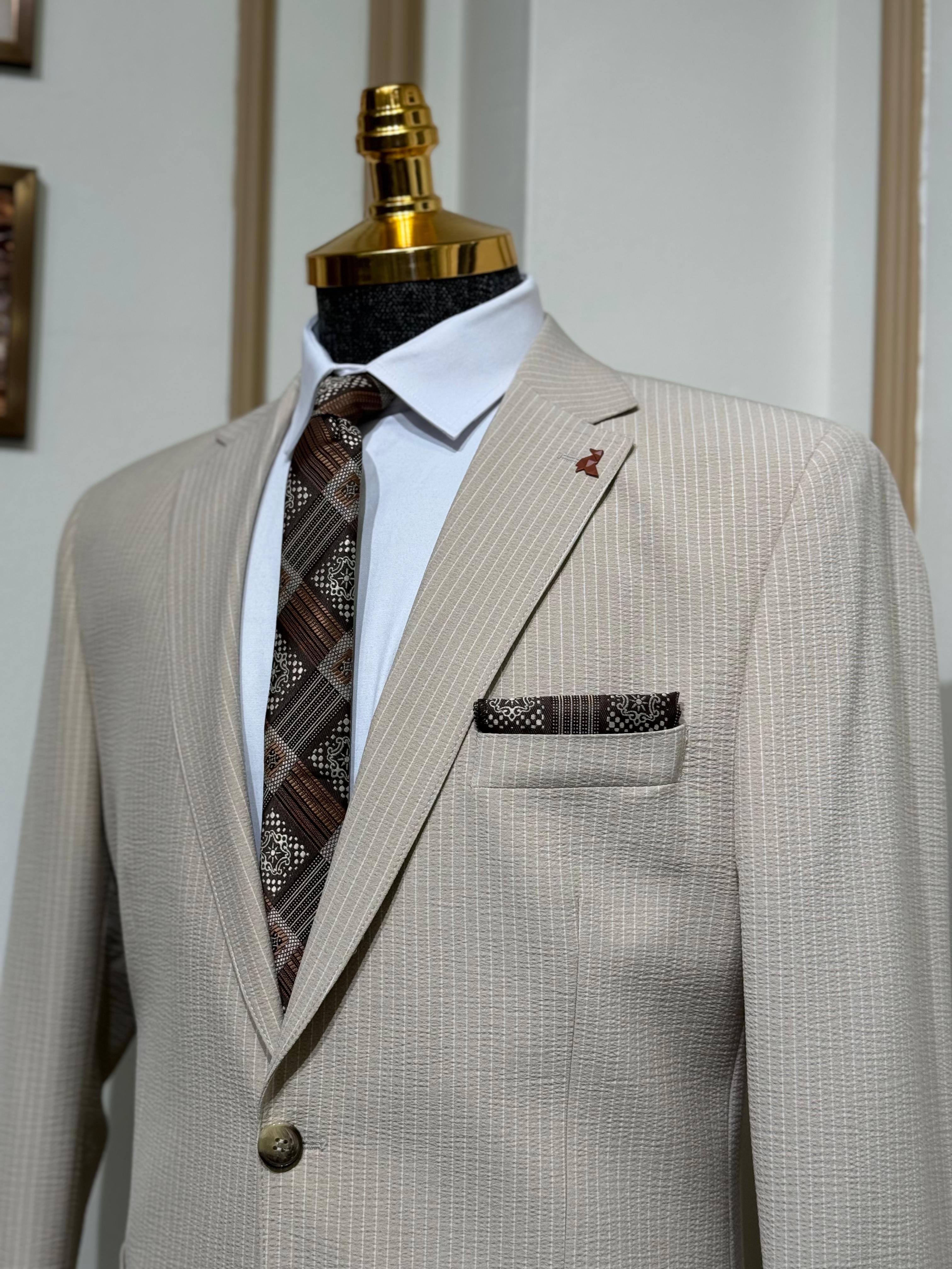 Çizgili Slim Fit Gofre Kumaş Takım Elbiise 