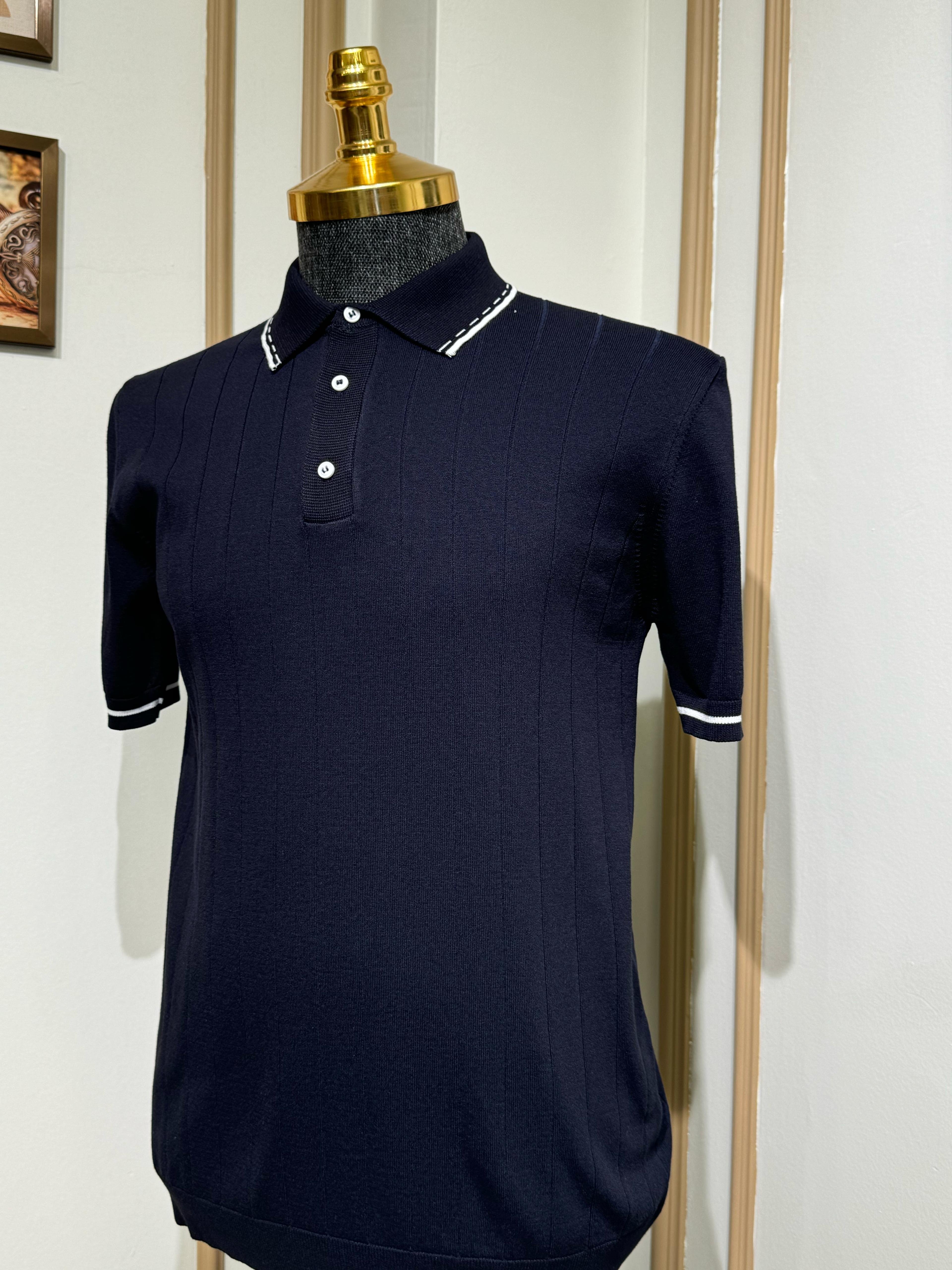 Çizgili Slim Fit Polo Yaka Triko T-Shirt - Lacivert