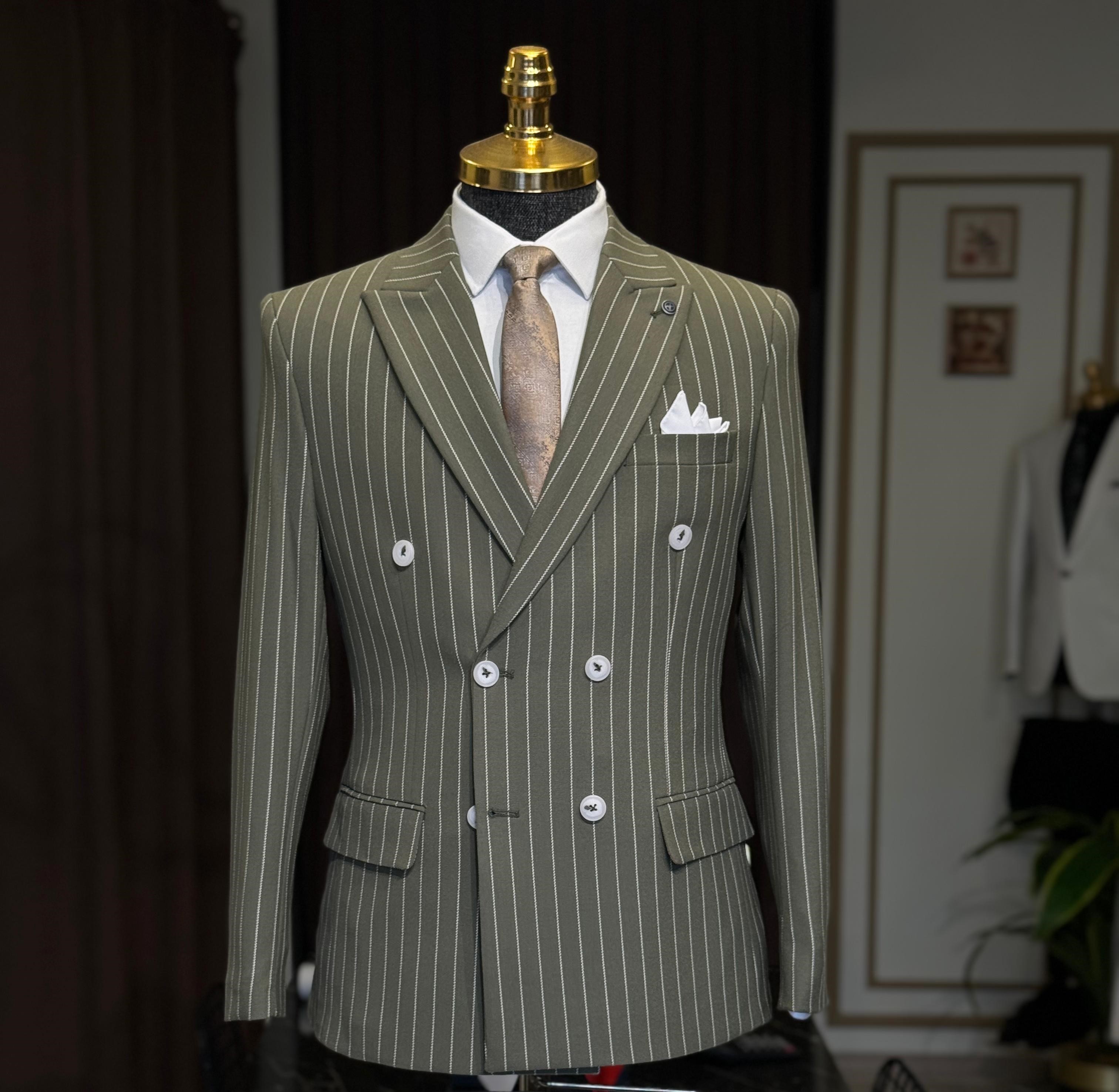 Slim Fit İtalyan Kesim Çizgili Kruvaze Ceket  - Haki