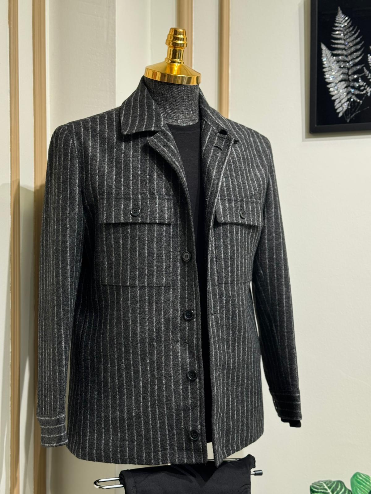 Slim Fit Gömlek Yaka Cep Detaylı Desenli Yün Mont - Siyah-Ekru