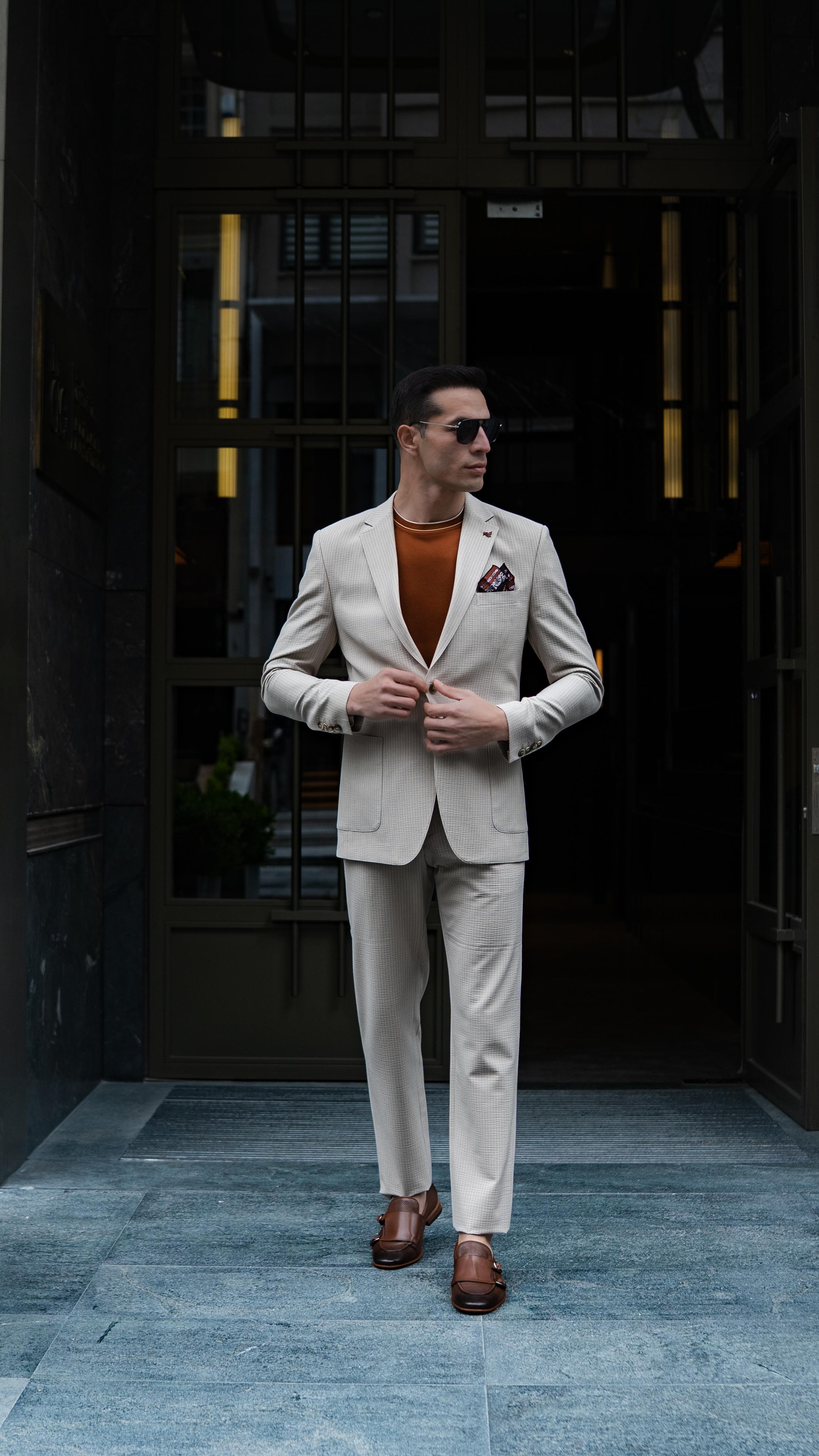 Çizgili Slim Fit Gofre Kumaş Takım Elbiise 