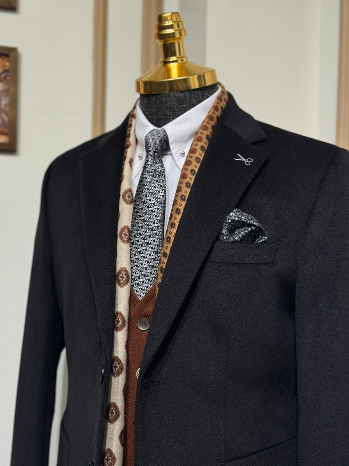 Slim Fit Mono Yaka Kadife Takım Elbise  - Siyah