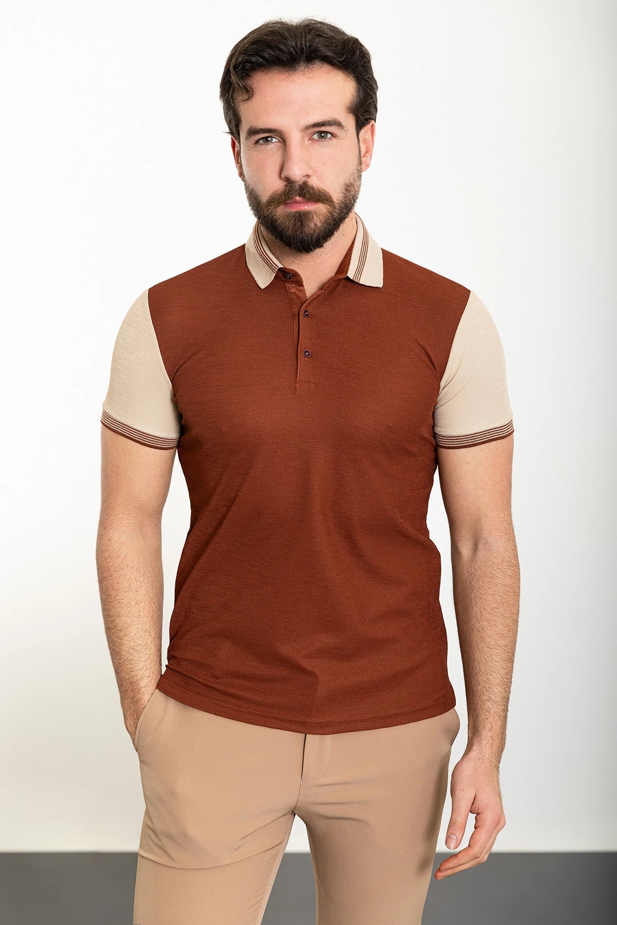 Parçalı Slim Fit Polo Yaka Erkek T-Shirt - Taba