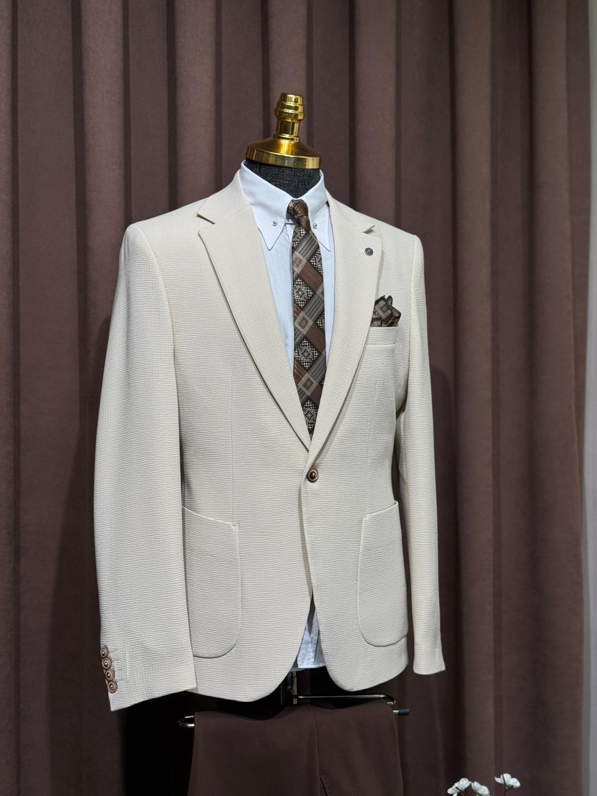 Slim Fit Kesim Gofre Kumaş Likralı Yazlık Ceket  - Bej