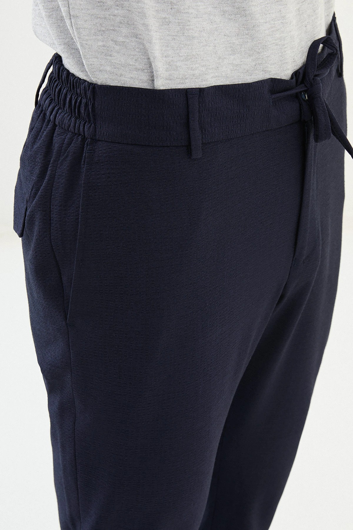 Gofreli Slim Fit Beli Lastikli İpli  Pantolon  - Lacivert