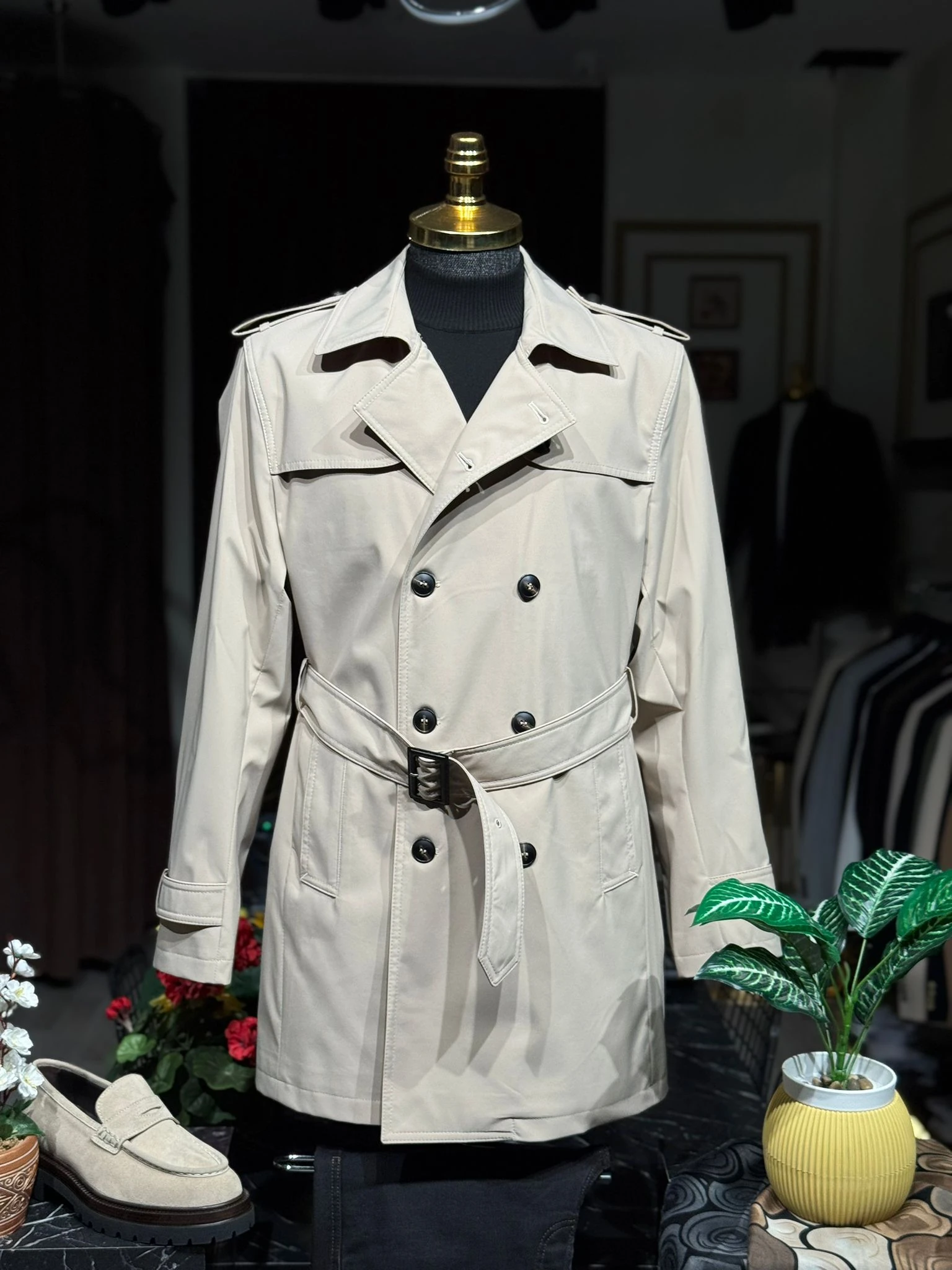 Düz Slim Fit Kemerli Trenchcoat - Bej