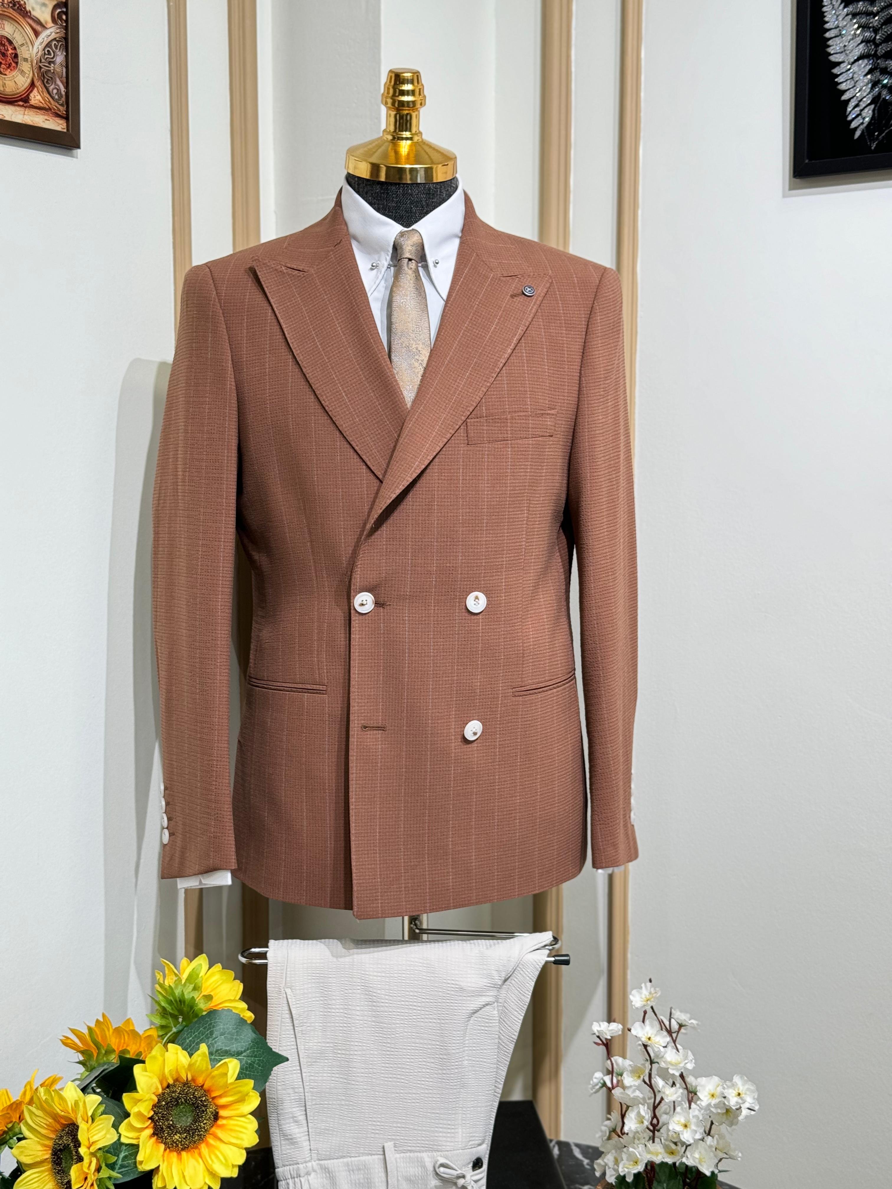 Yeni Sezon Slim Fit Çizgili Kruvaze Takım Elbise 