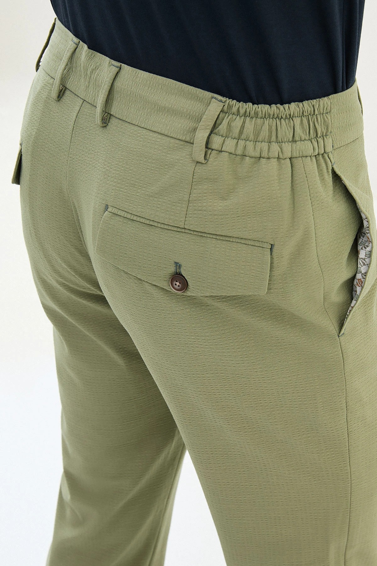 Gofreli Slim Fit Beli Lastikli İpli  Pantolon  - Haki