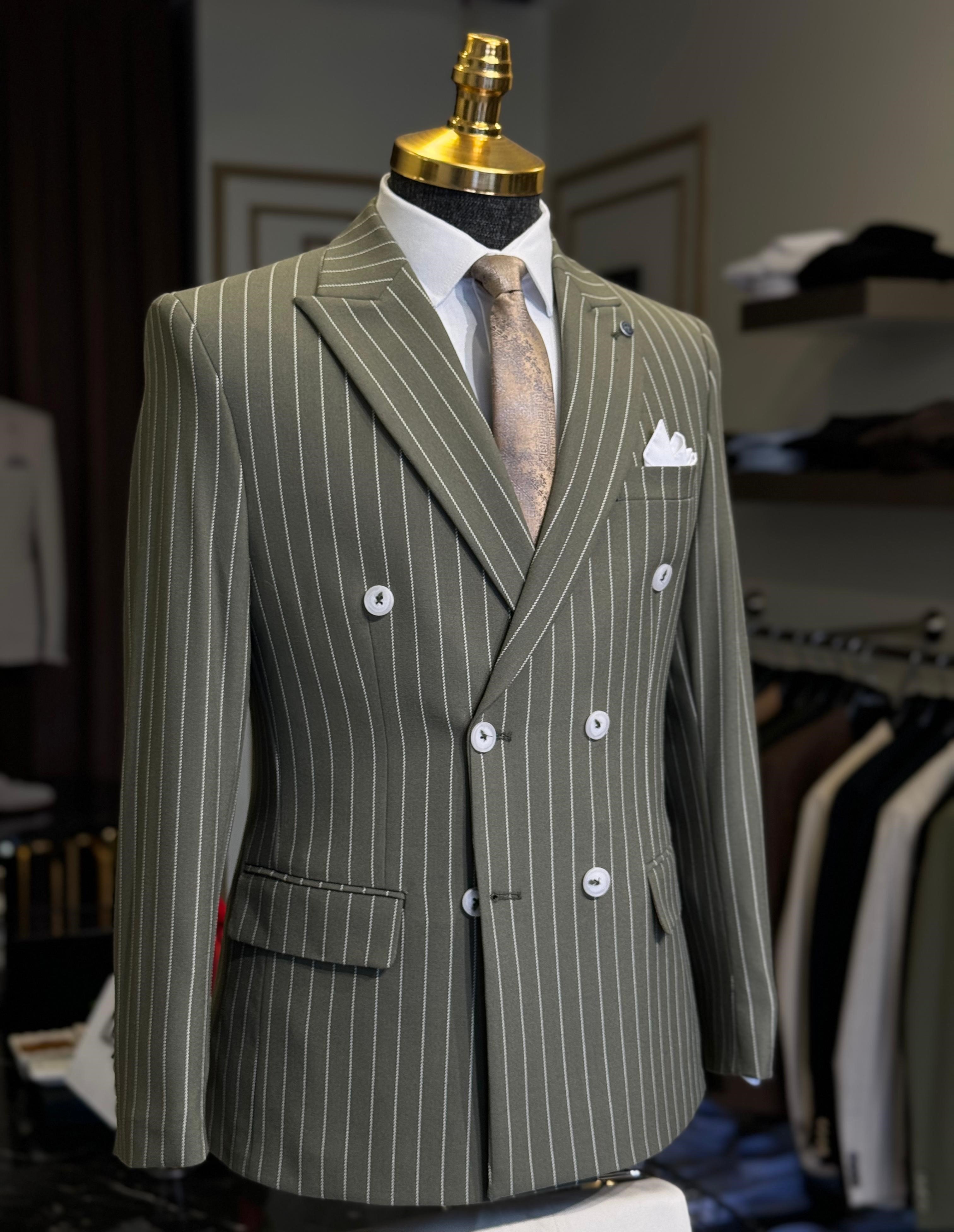Slim Fit İtalyan Kesim Çizgili Kruvaze Ceket  - Haki