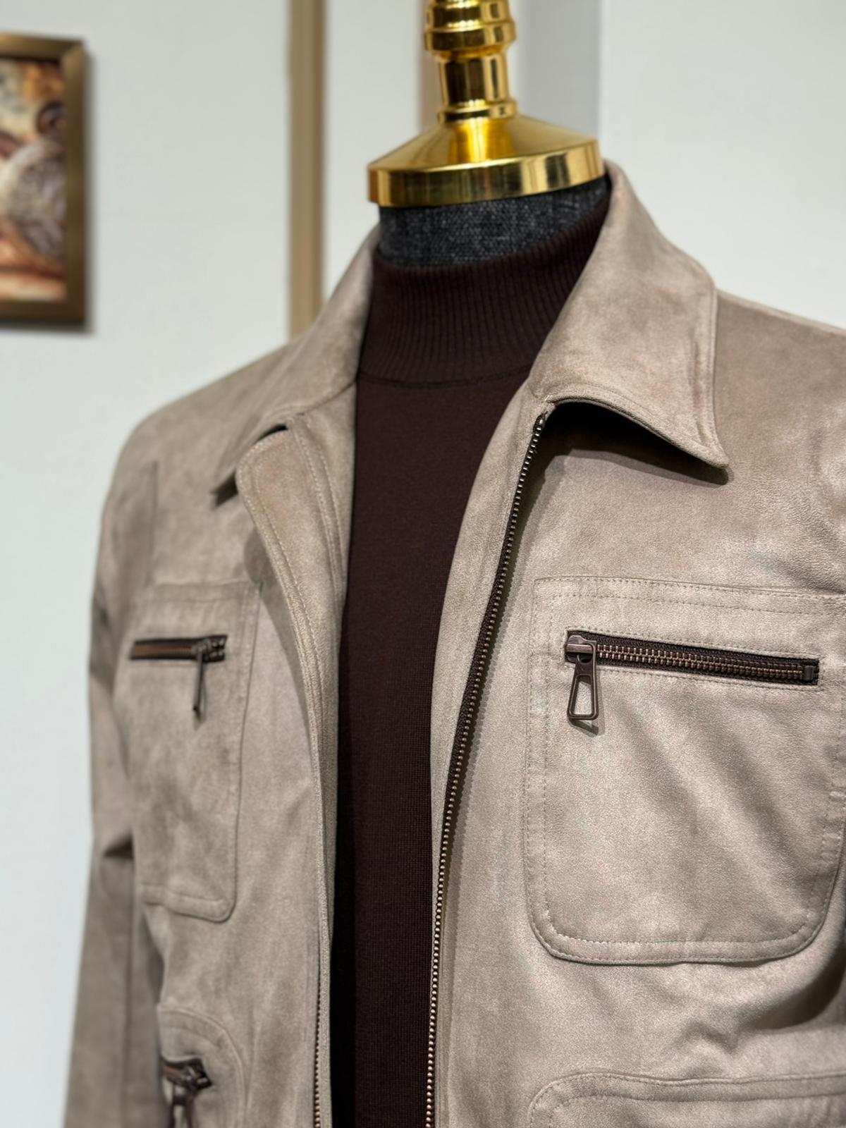 Slim Fit Gömlek Yaka %100 Nubuk Mont  