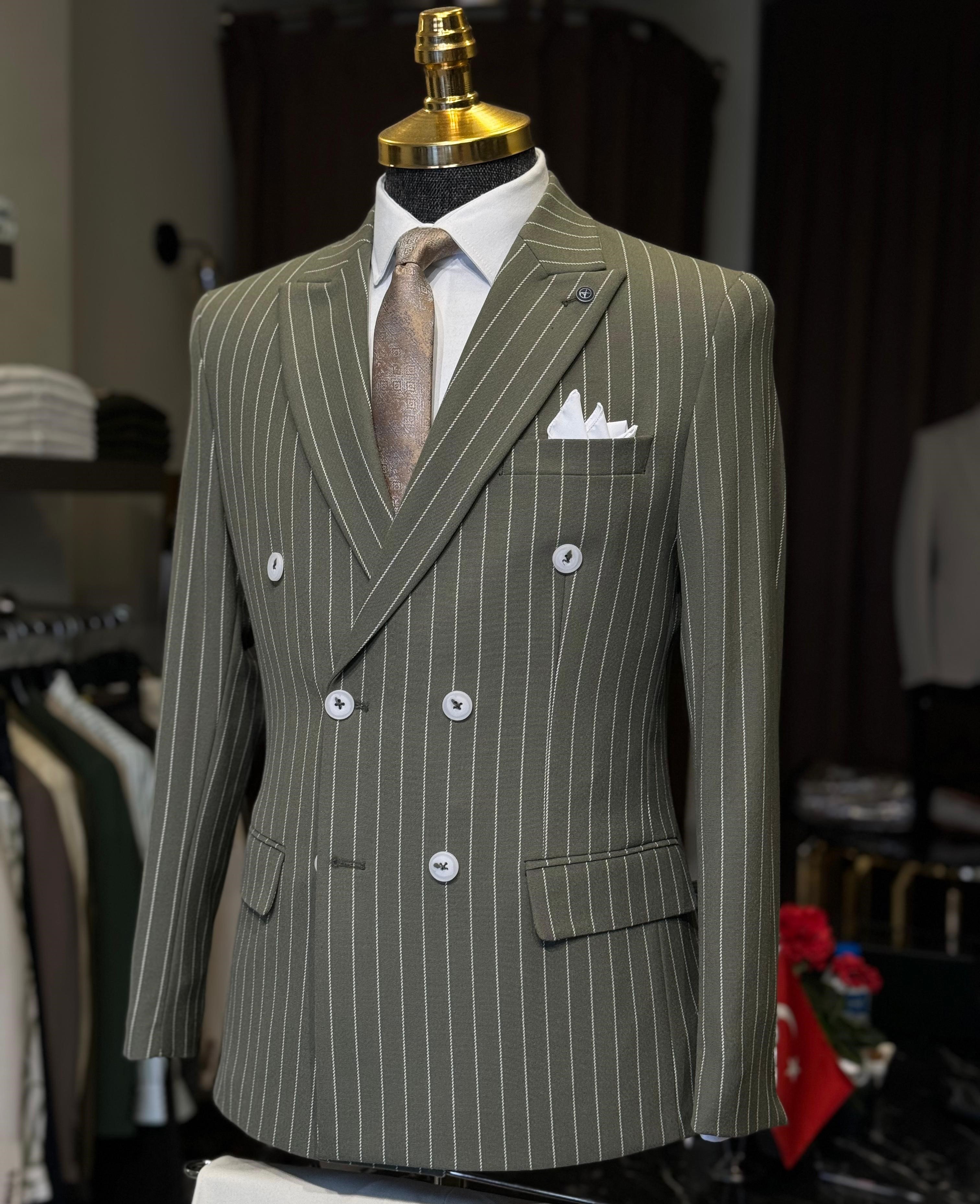 Slim Fit İtalyan Kesim Çizgili Kruvaze Ceket  - Haki