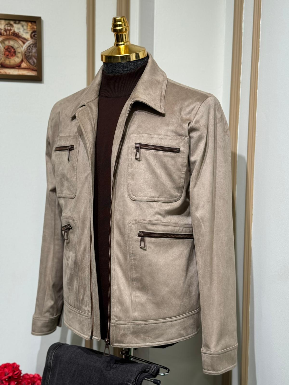 Slim Fit Gömlek Yaka %100 Nubuk Mont  