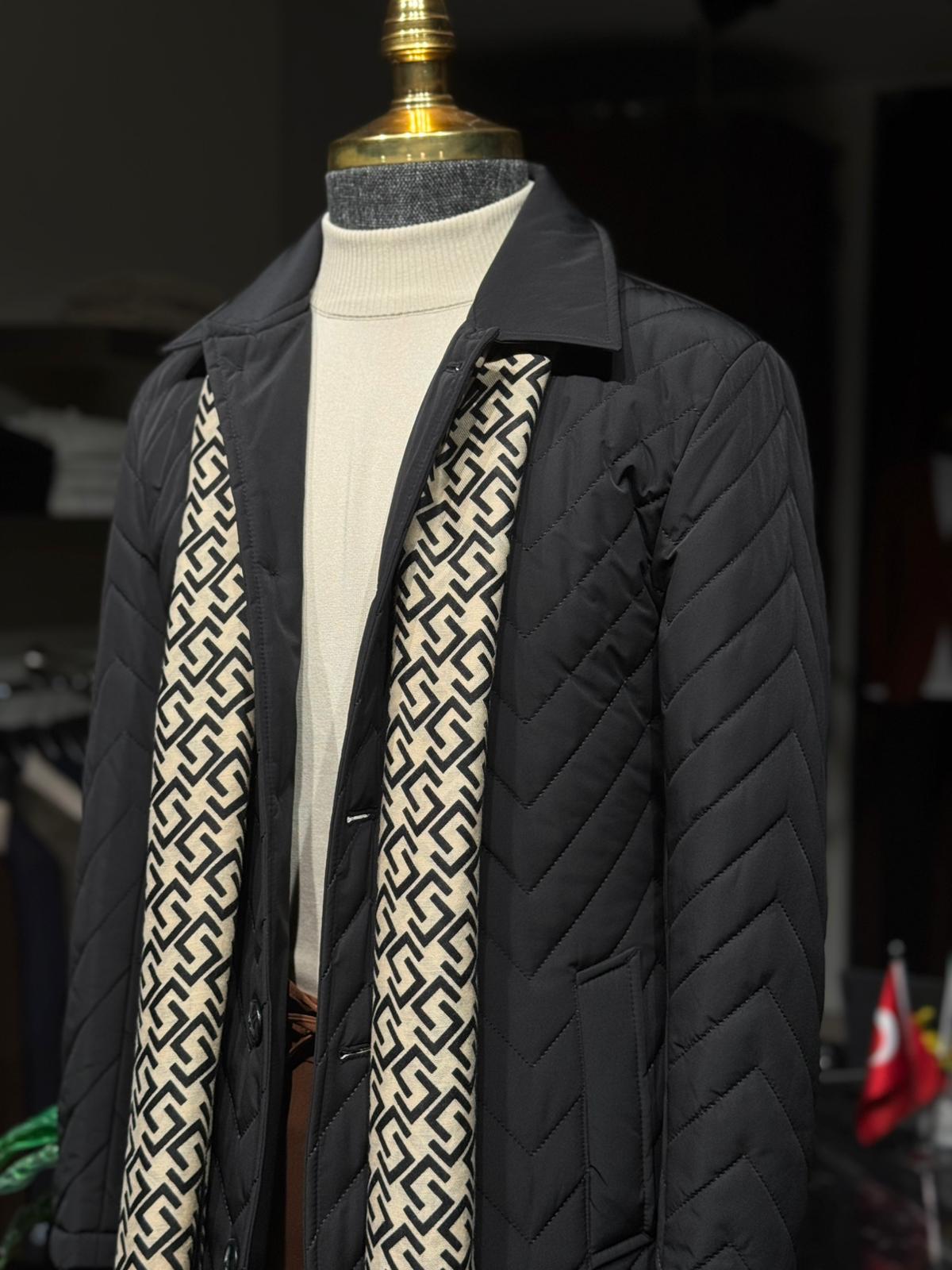 Desenli Slim Fit Gömlek Yaka Trench Kaban - Siyah