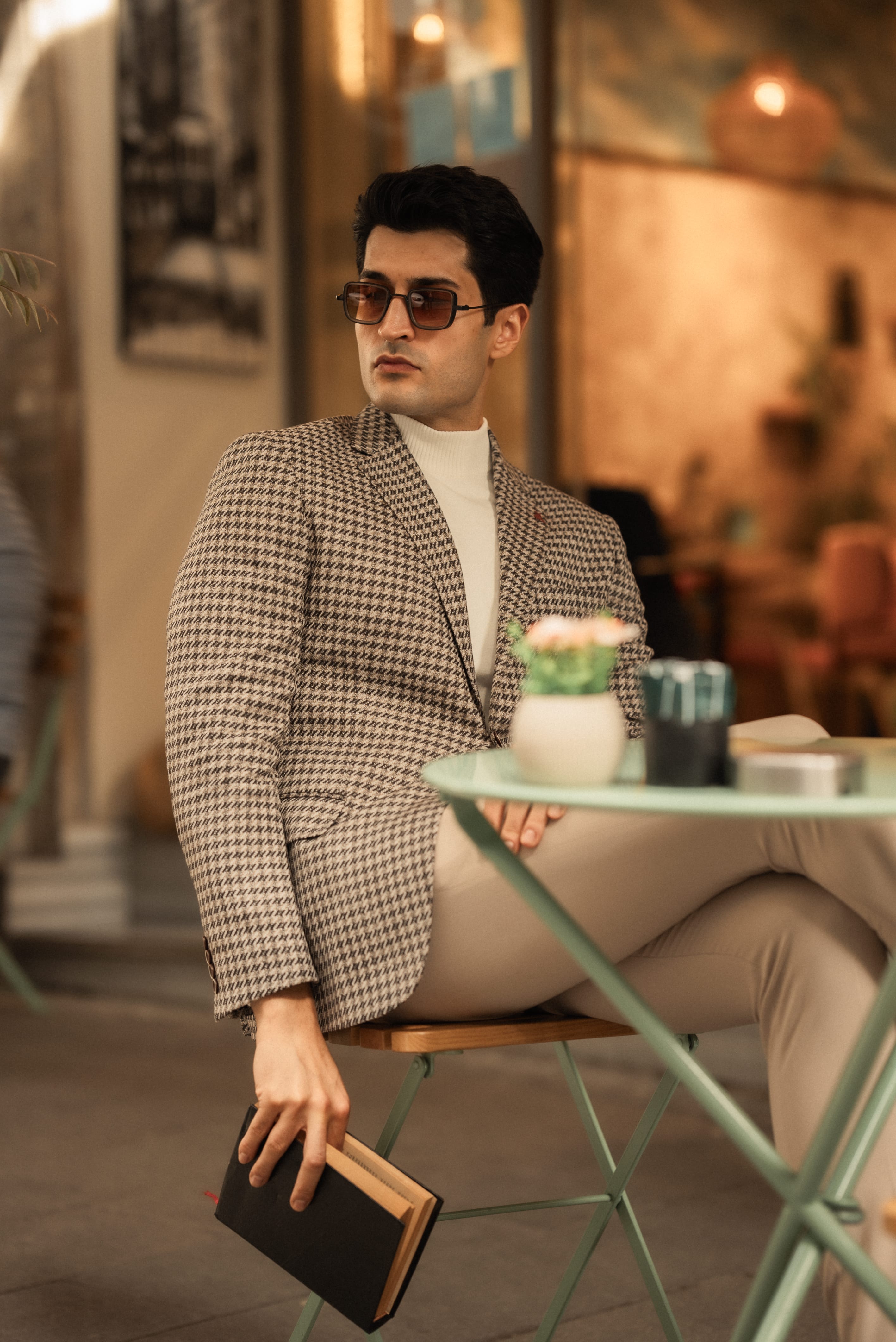 Slim Fit Kaz Ayağı Desen Mono Yaka Kombin Takım Elbise 