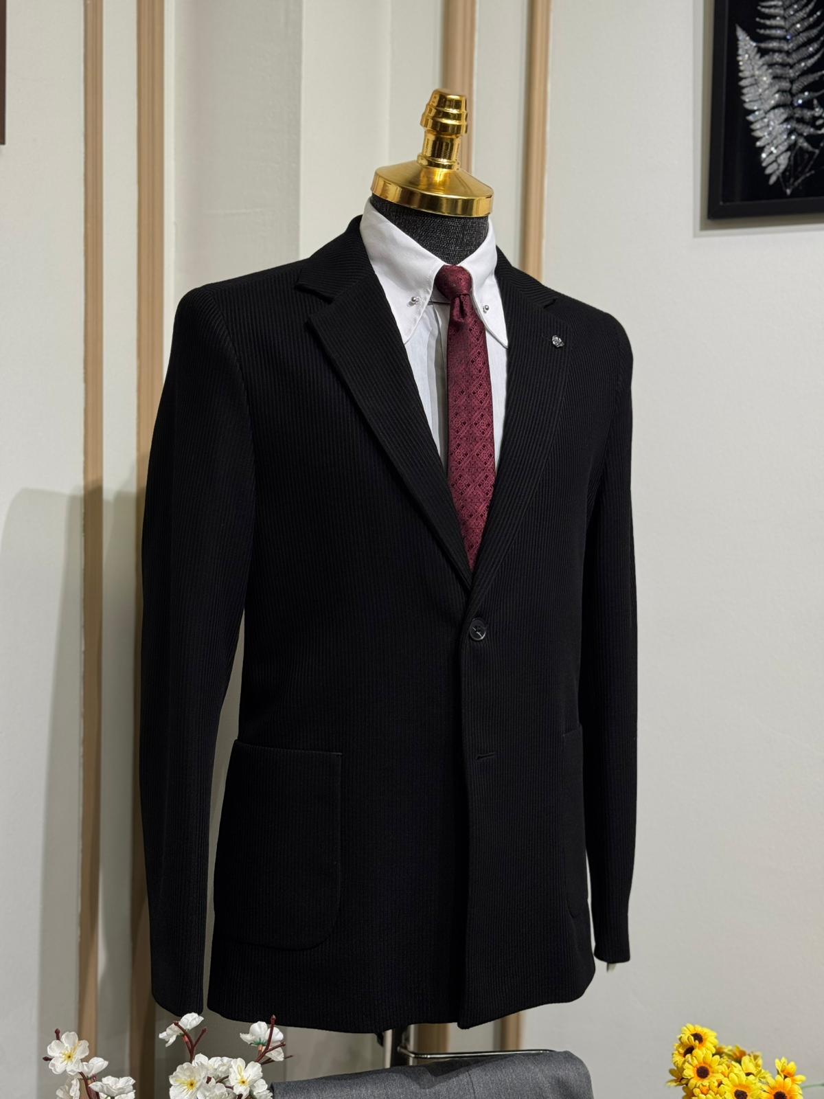 Slim Fit Desenli Torba Cep Detaylı Penye Kumaş Ceket  - Siyah