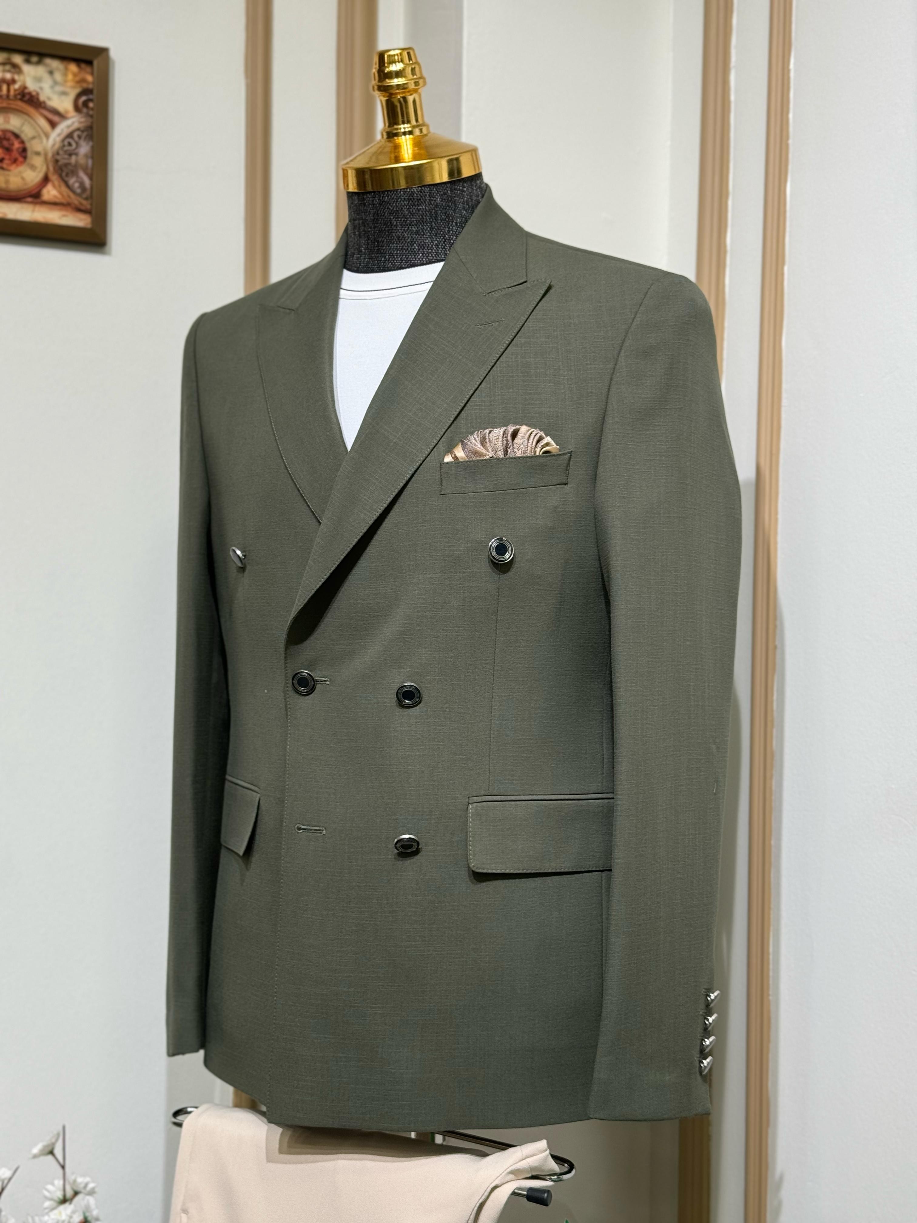 Düz Slim Fit Mono Yaka Kruvaze Ceket  - Haki