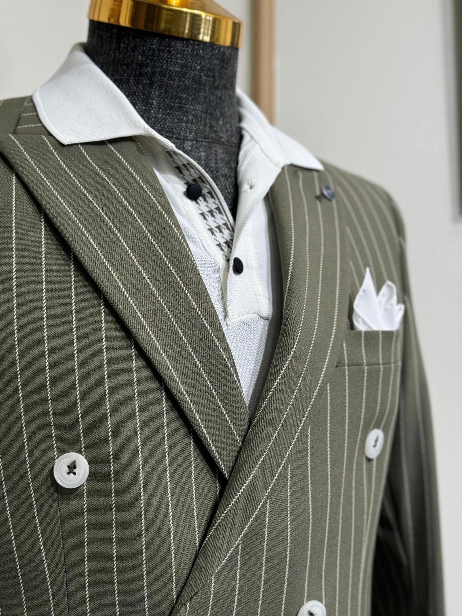 Slim Fit İtalyan Kesim Çizgili Kruvaze Ceket 