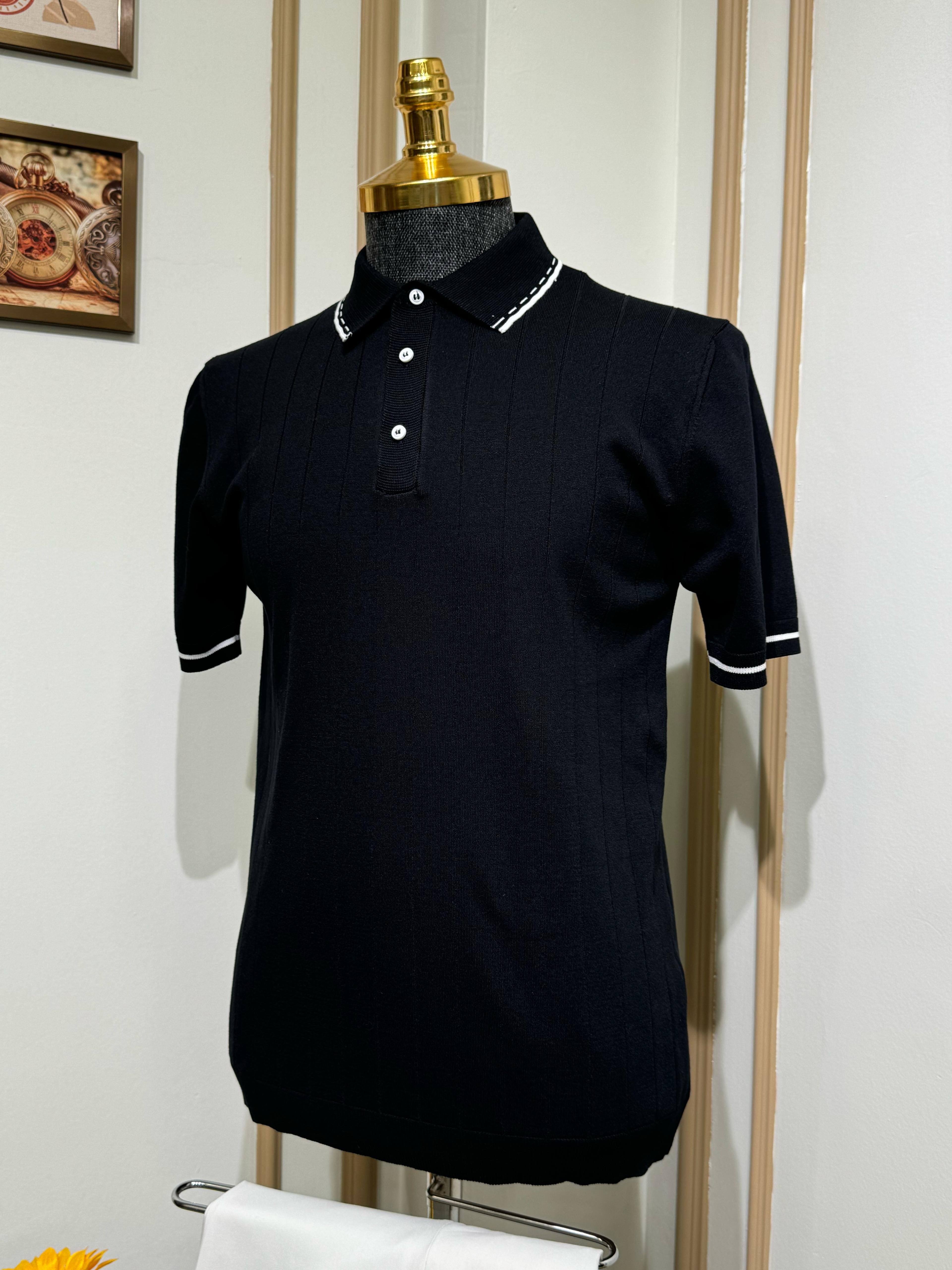 Çizgili Slim Fit Polo Yaka Triko T-Shirt - siyah