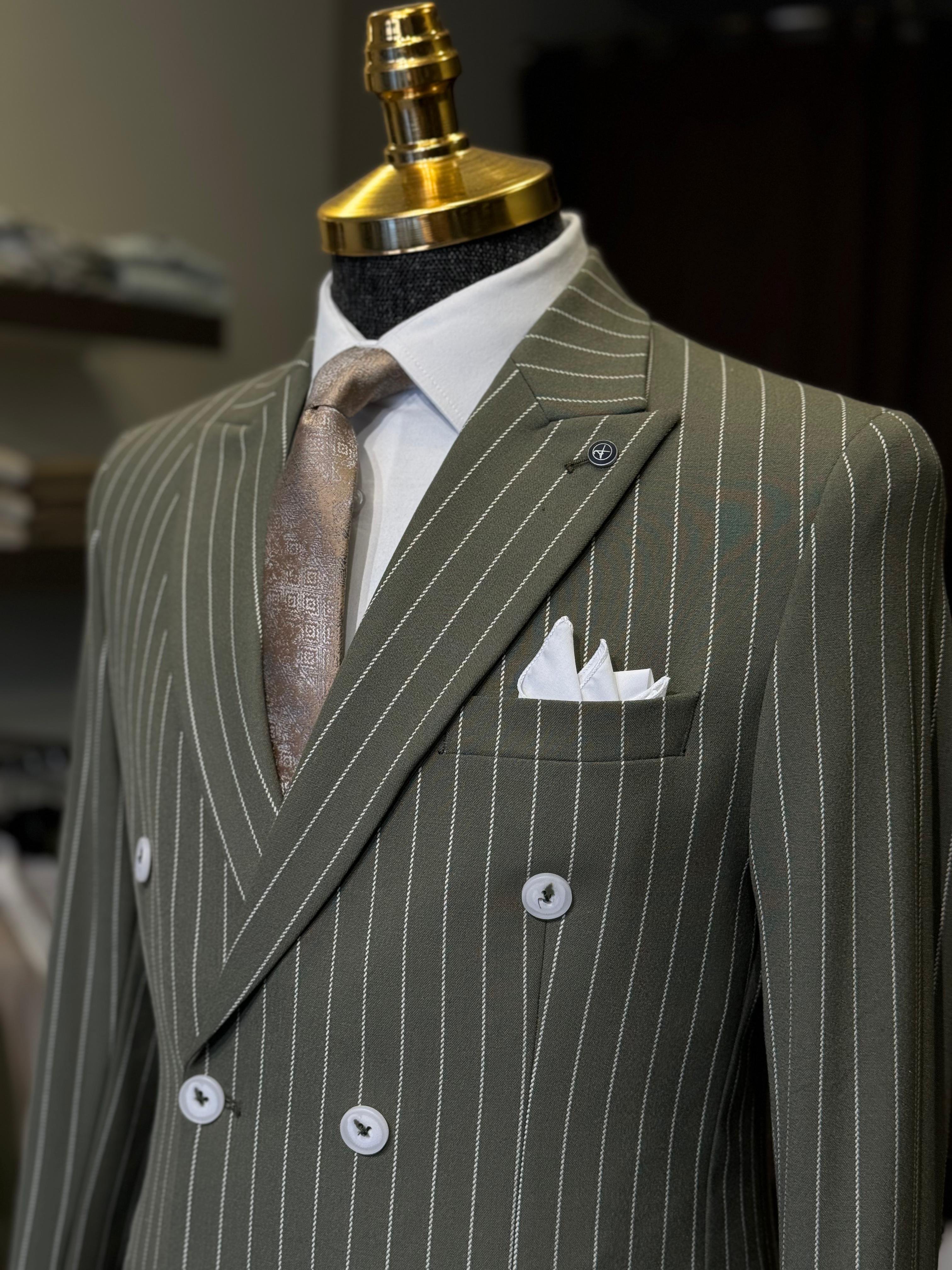 Slim Fit Çizgili İtalyan Kesim Kruvaze Takım Elbise  - Haki